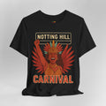 Black t-shirt with 'Notting Hill Carnival' design featuring a person with raised fist and feathers on a gray background.