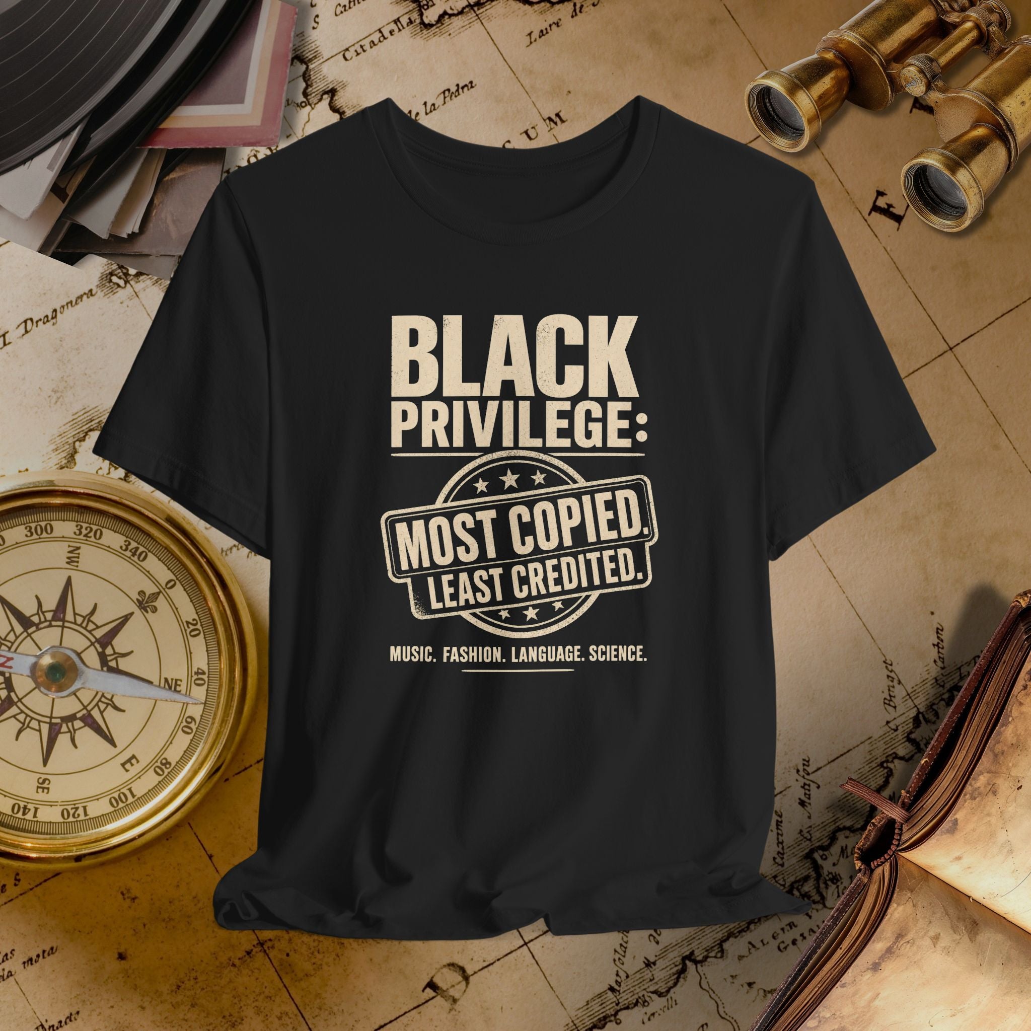 Black t-shirt with 'Black Privilege' text on a vintage map background