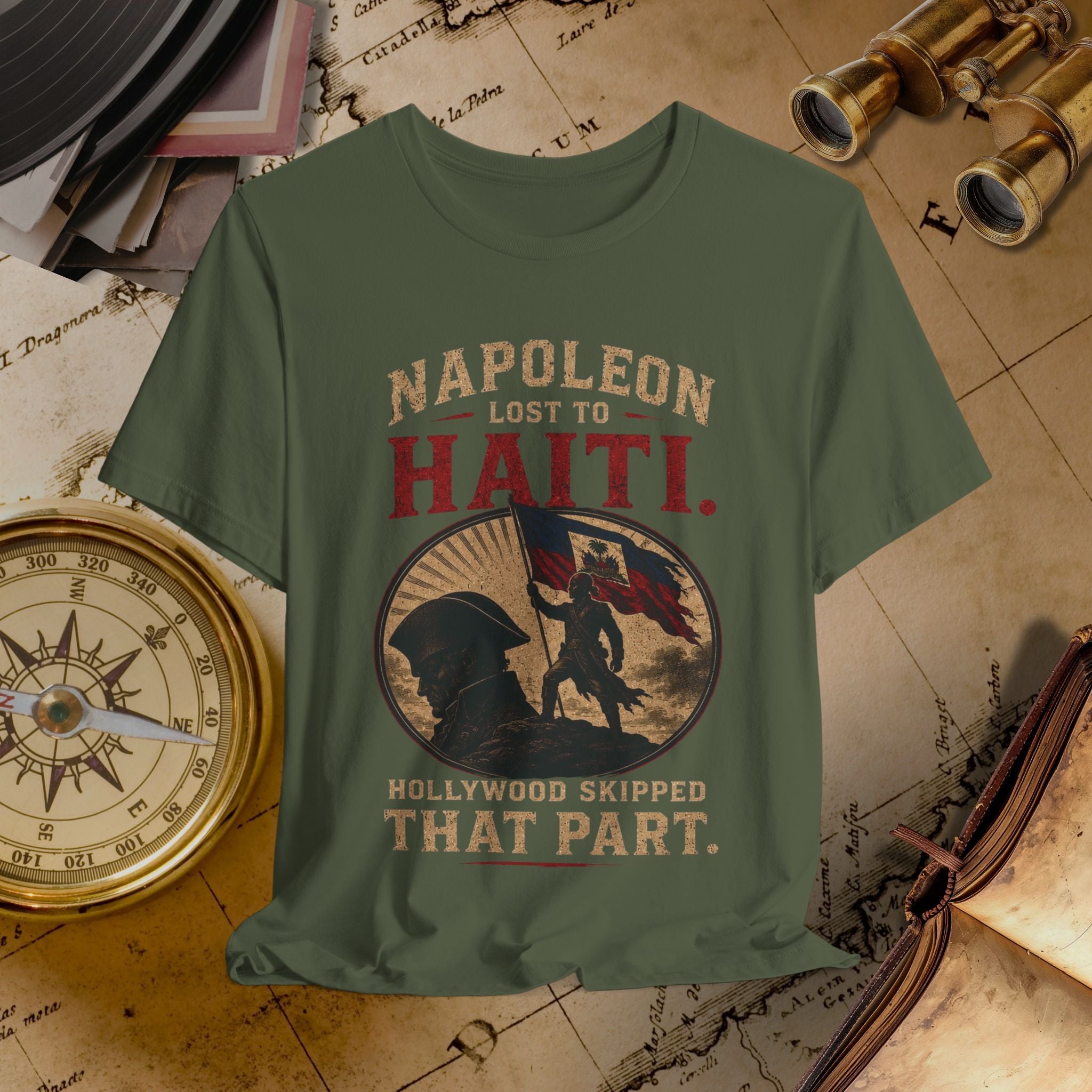 Green t-shirt with historical graphic and text on a vintage map background