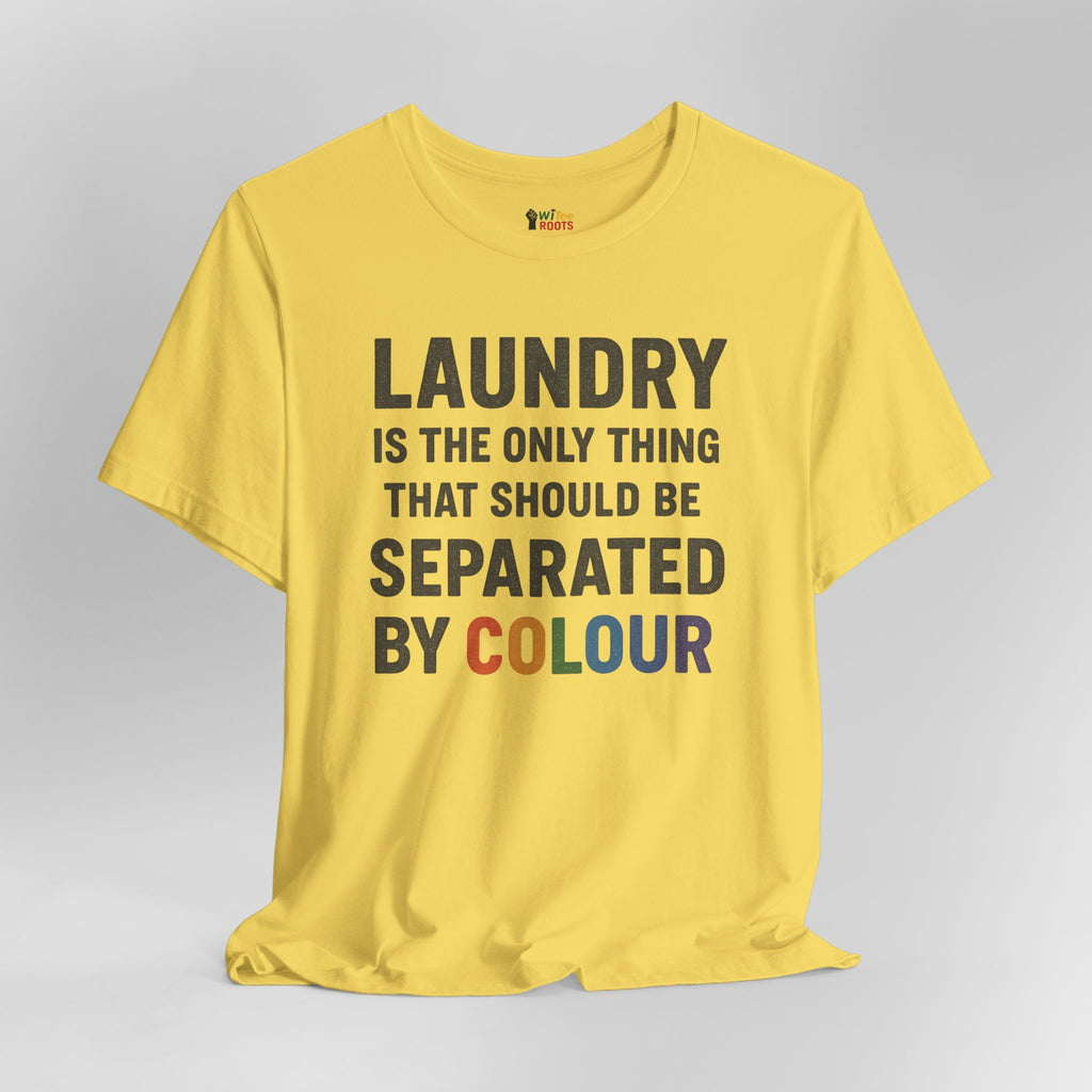 Yellow t-shirt with humorous laundry text on a gray background