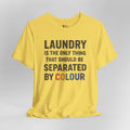 Yellow t-shirt with humorous laundry text on a gray background