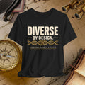 Black t-shirt with 'Diverse by Design' text on a vintage map background