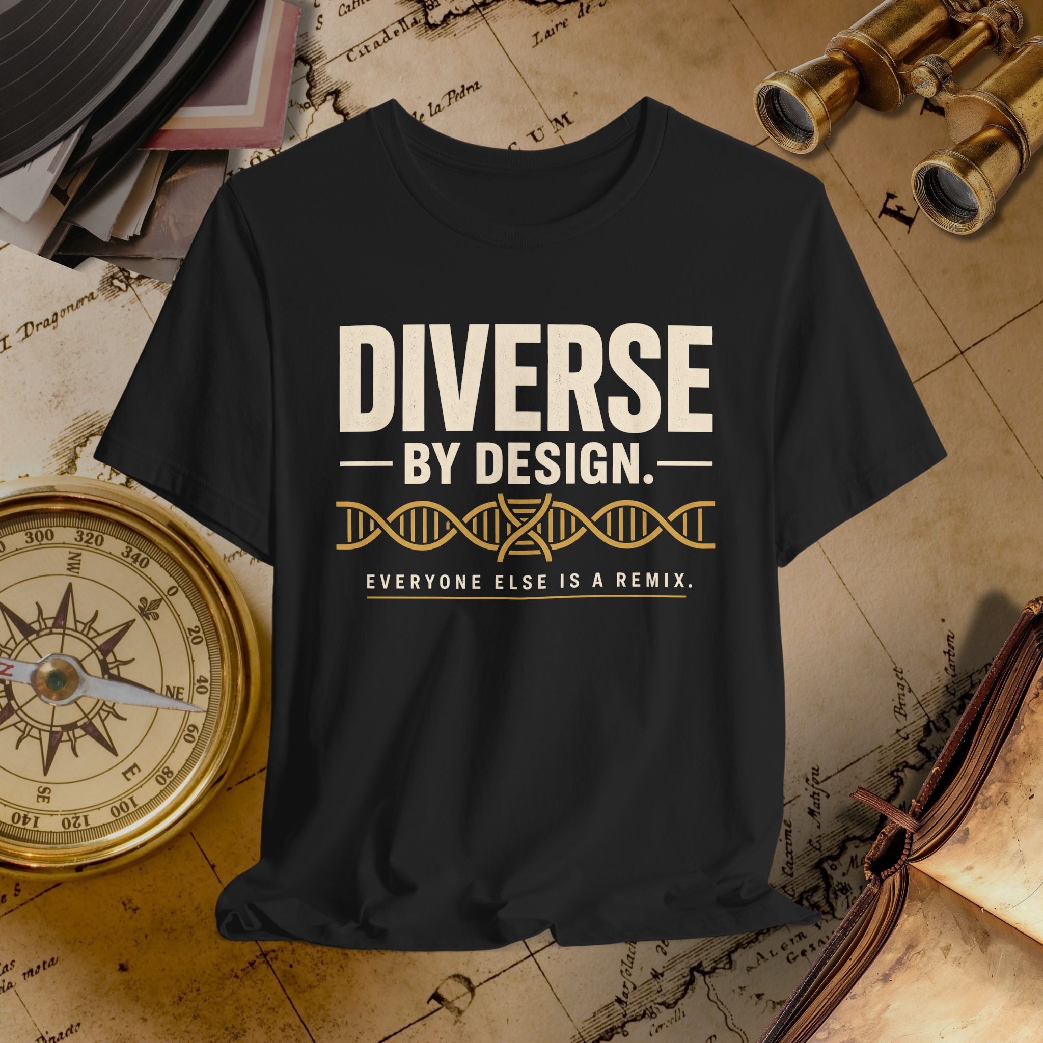 Black t-shirt with 'Diverse by Design' text on a vintage map background