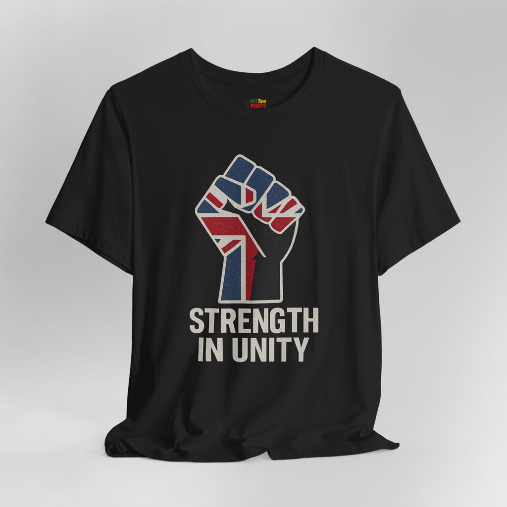 Black t-shirt with a fist holding the Union Jack and 'Strength in Unity' text on a gray background