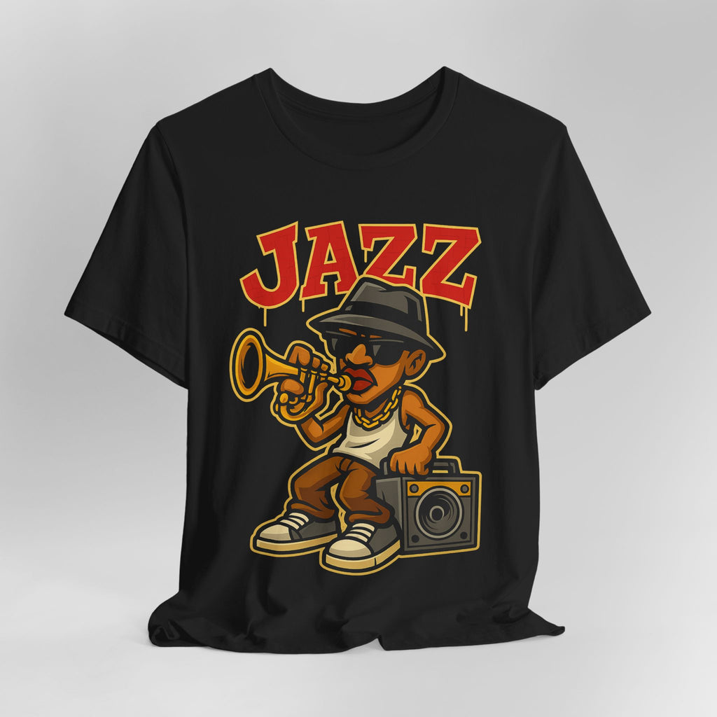 Black t-shirt with a cartoon character playing a trumpet and the word 'Jazz' on a gray background