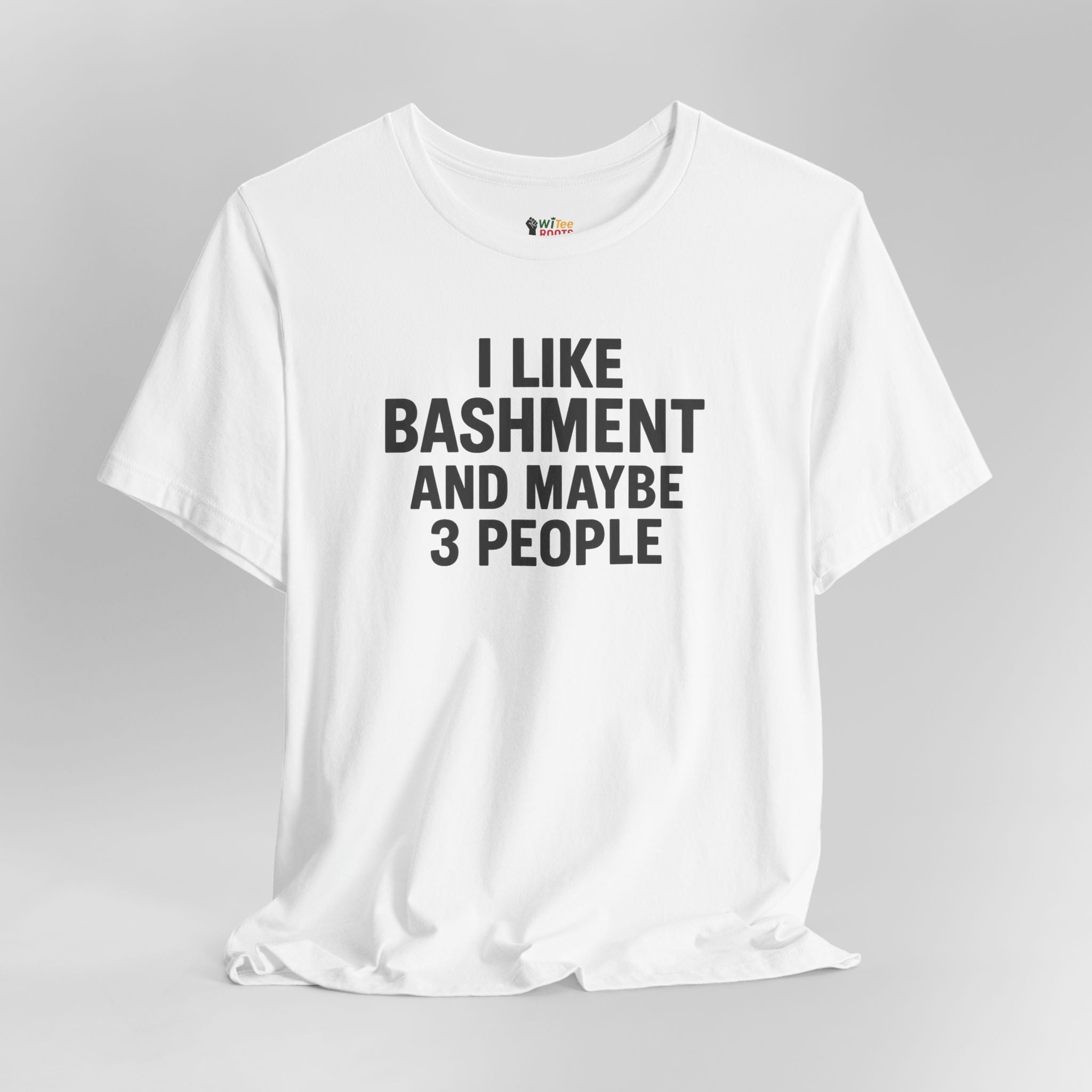 White t-shirt with black text on a gray background