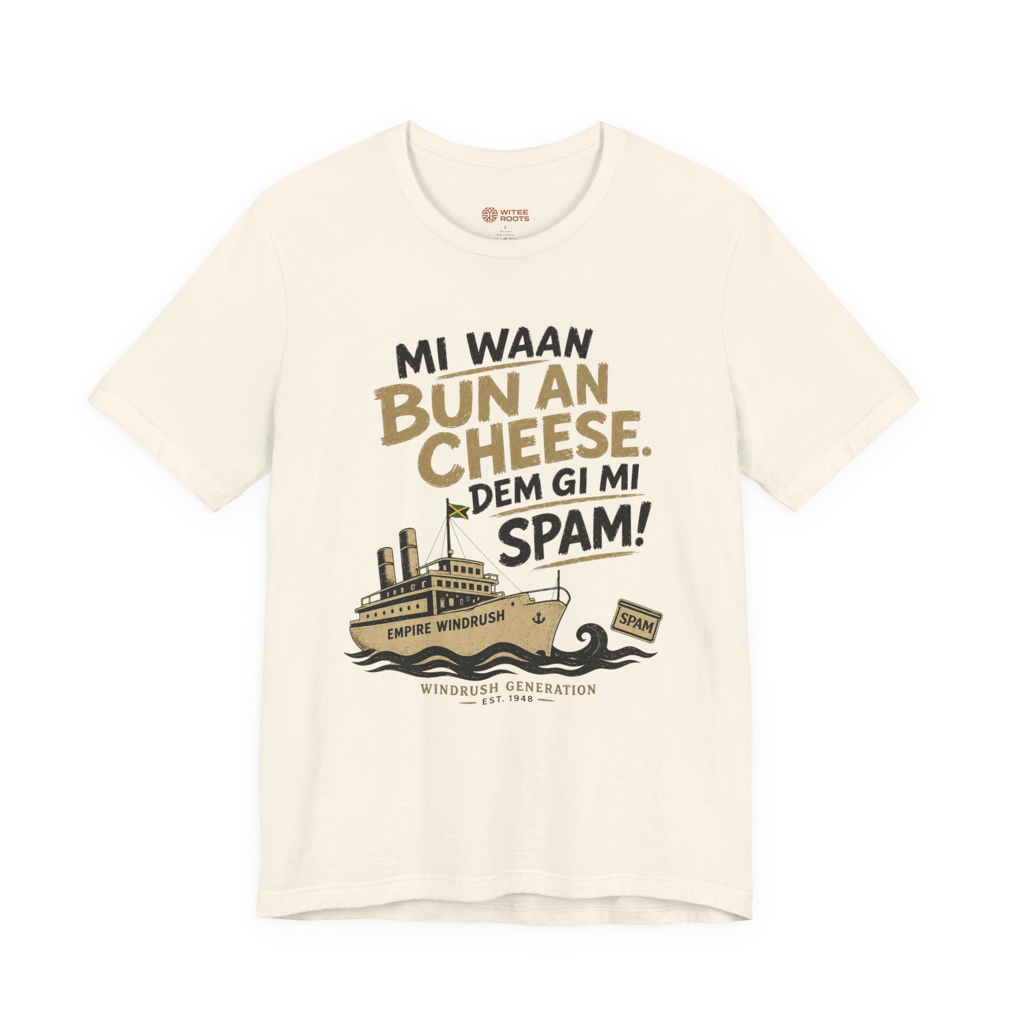 Beige t-shirt with graphic design and text on a white background