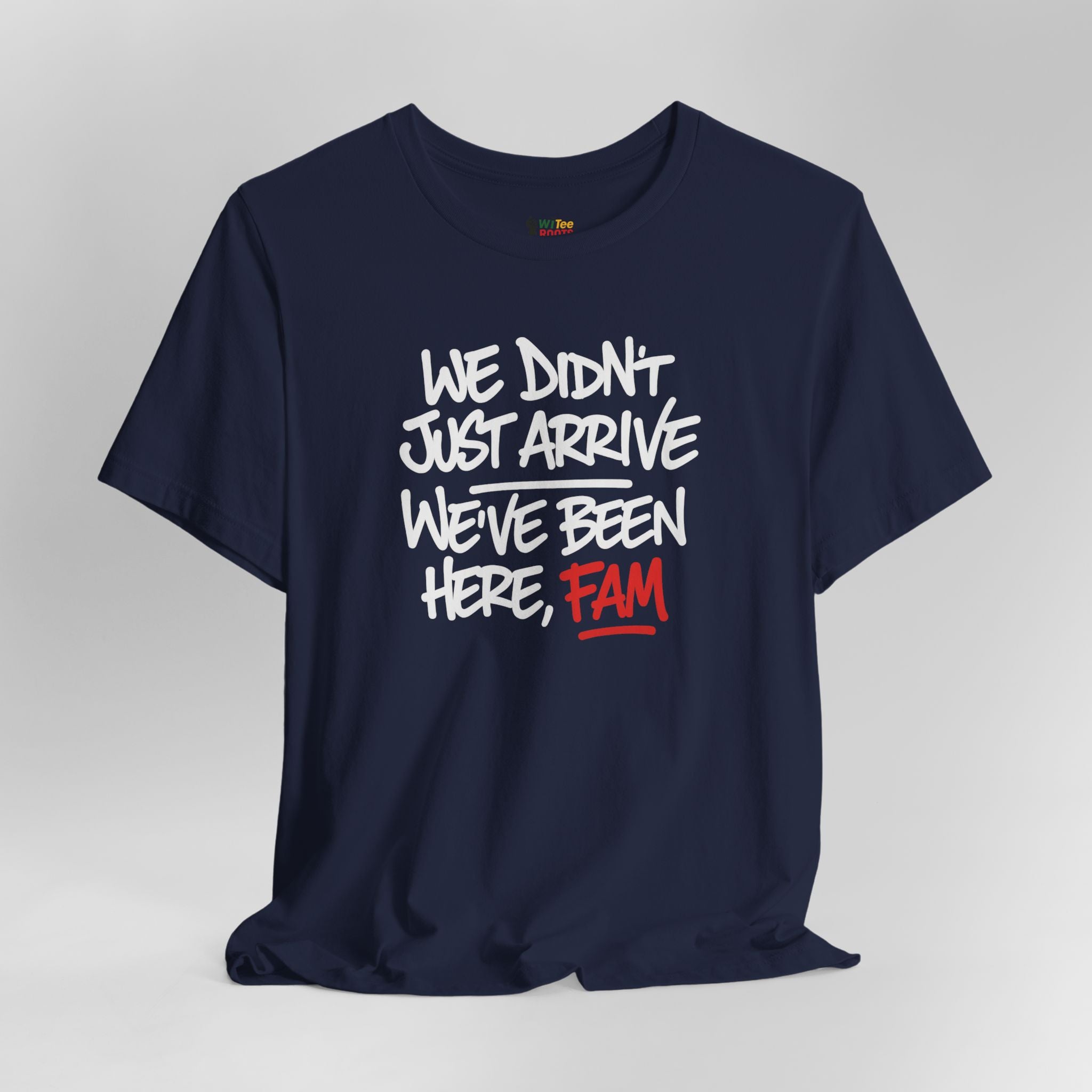 Navy blue t-shirt with white and red text on a gray background