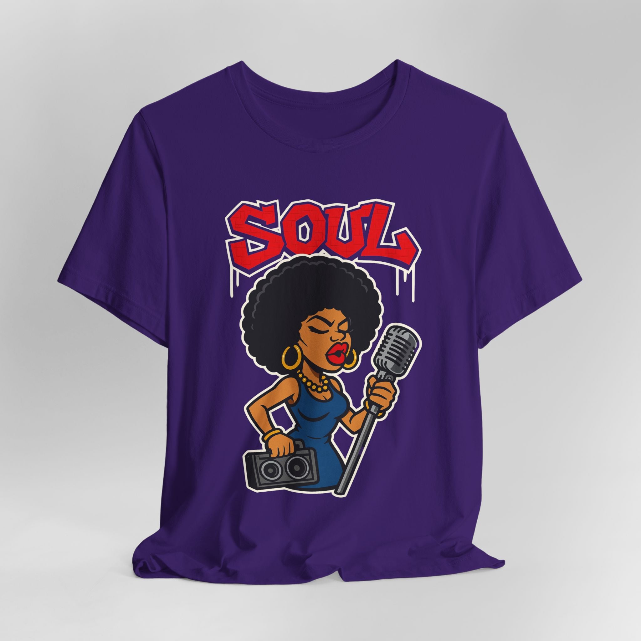 Purple t-shirt with a graphic of a woman holding a microphone and the word 'Soul' on a gray background