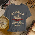 T-shirt with 'Windrush Enoch! Wi Reach Yet?! 1948' design on a vintage map background