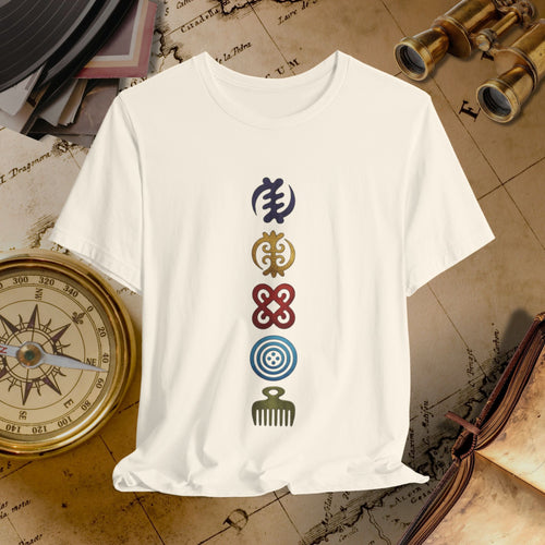 Beige t-shirt with colorful symbols on a vintage map background