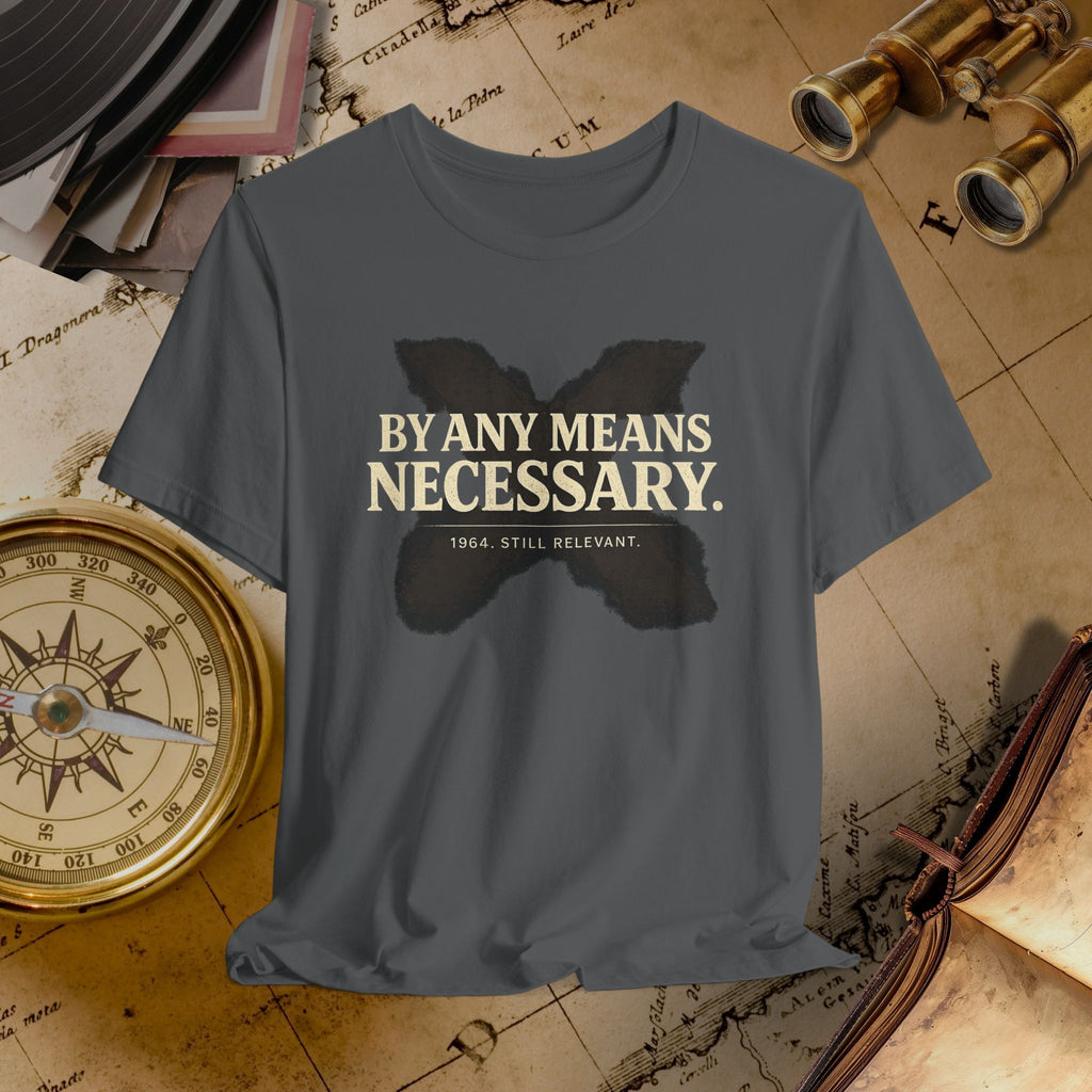 Gray t-shirt with a butterfly graphic and text on a vintage map background