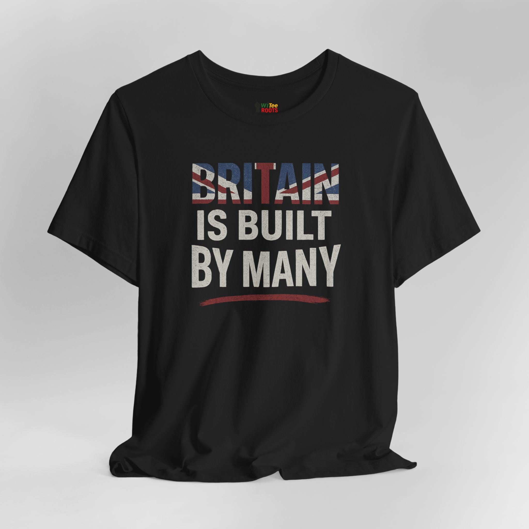 Black t-shirt with 'BRITAIN IS BUILT BY MANY' text on a gray background