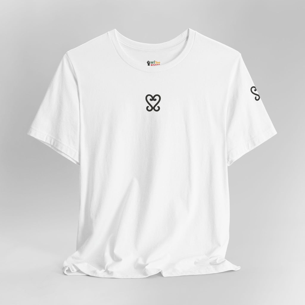 White t-shirt with black heart and circle design on a gray background