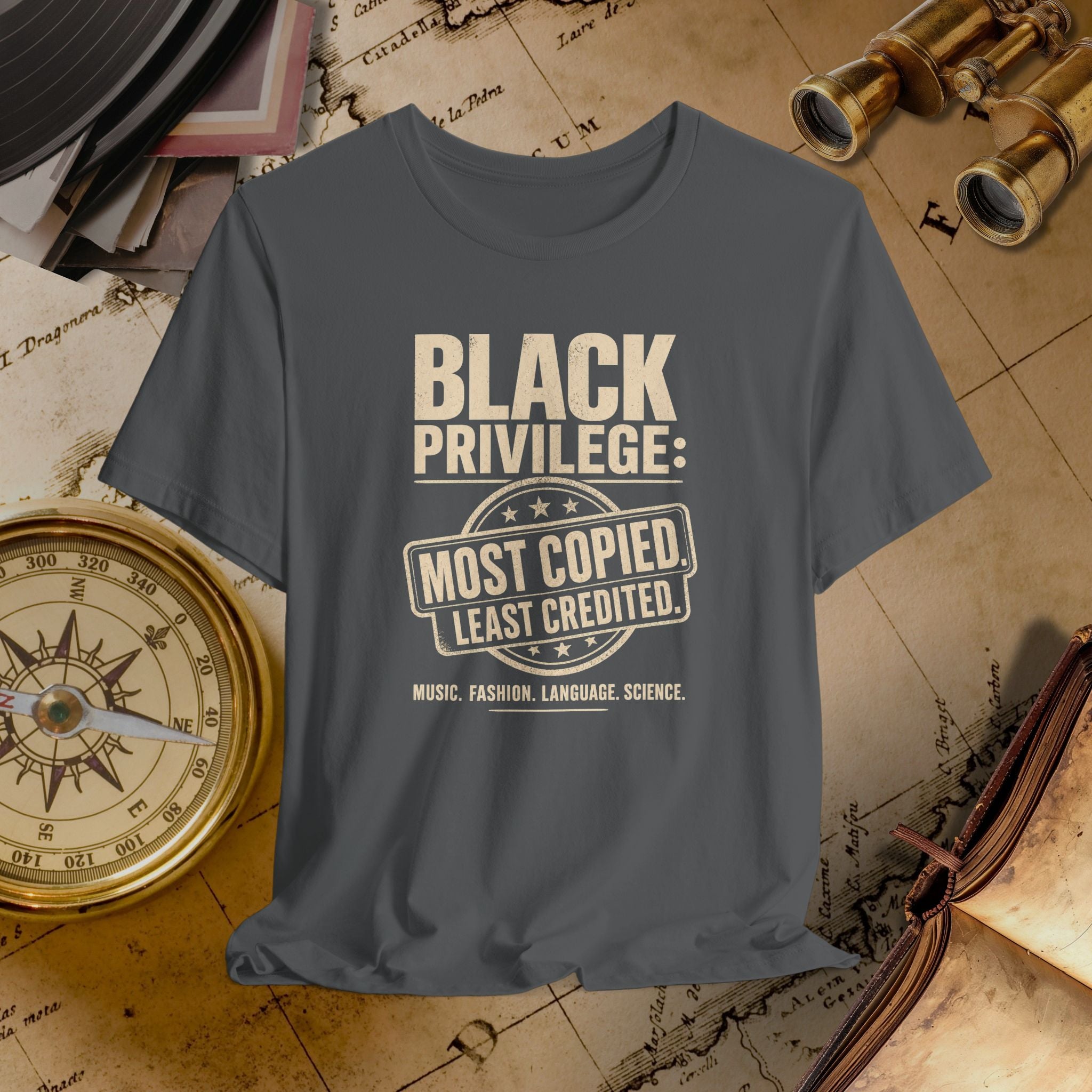 Gray t-shirt with 'Black Privilege' text on a vintage map background
