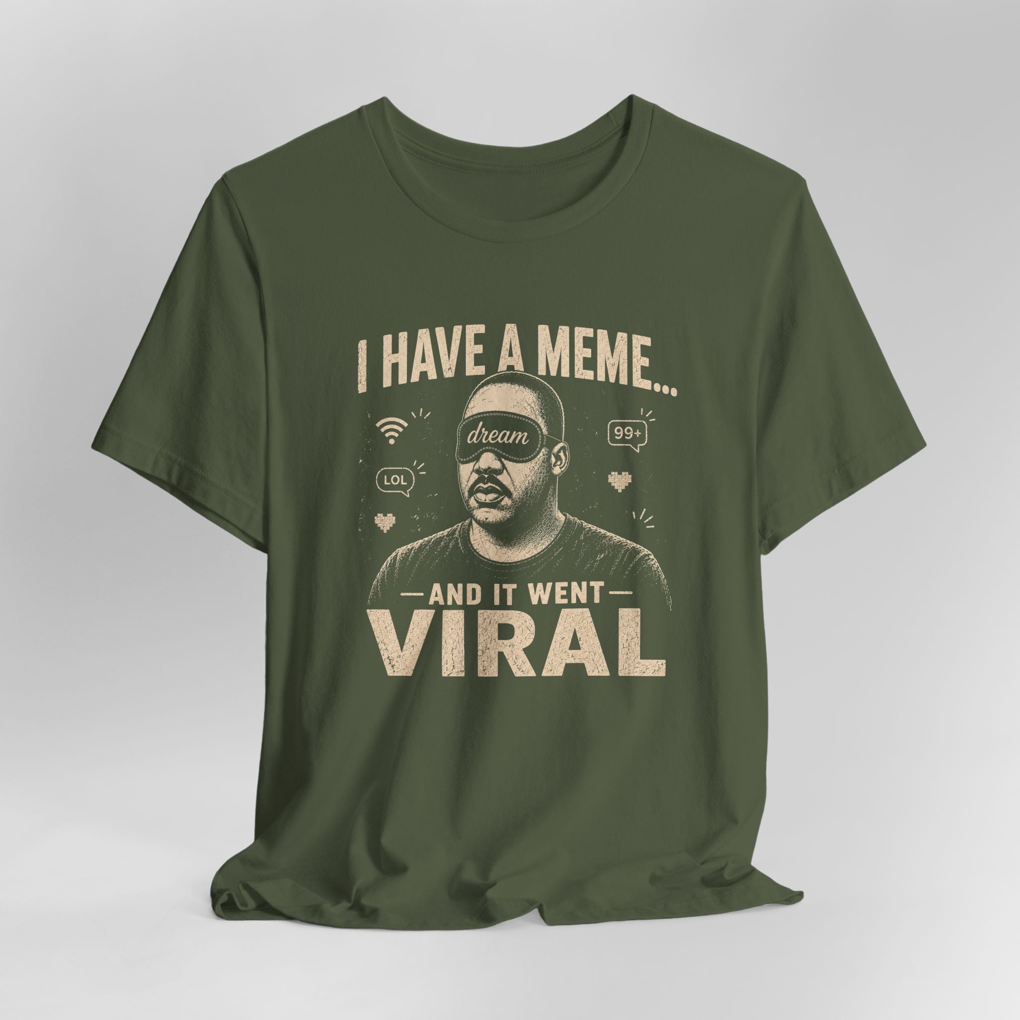 Green t-shirt with graphic design and text on a gray background