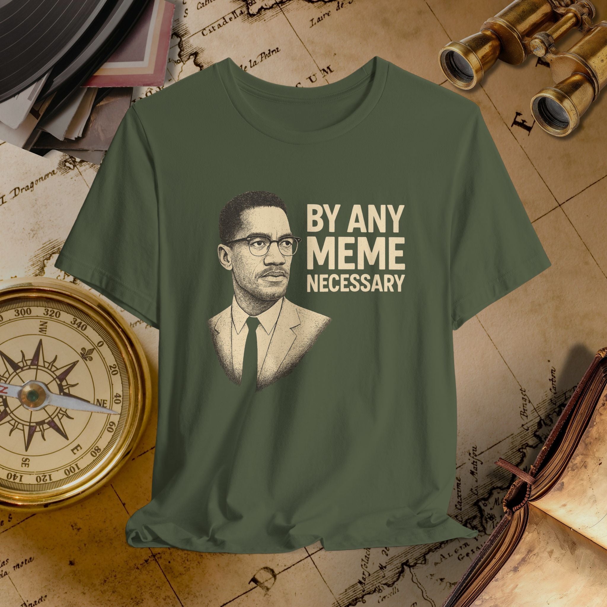 Green t-shirt with a graphic and text on a vintage map background