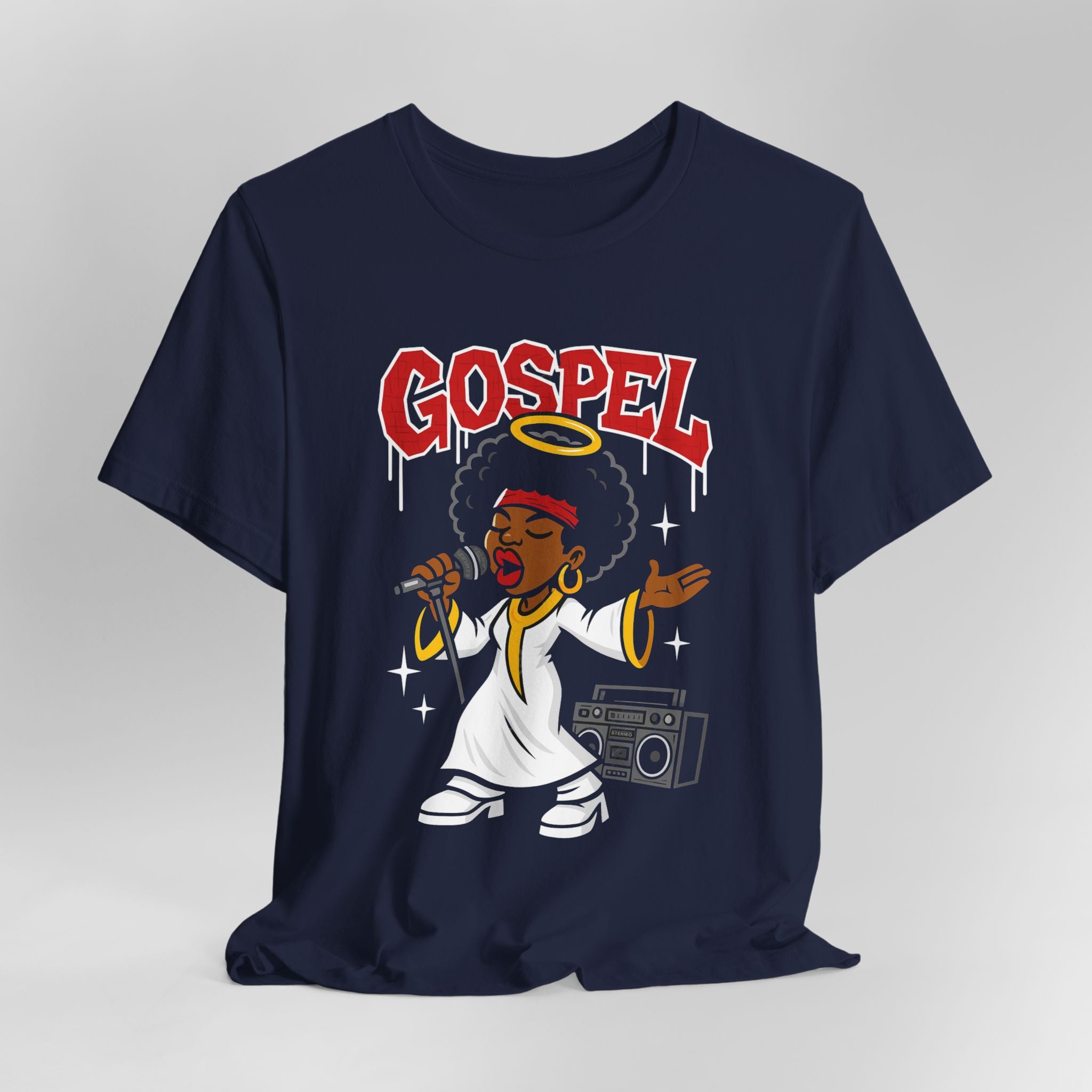Navy blue t-shirt with 'Gospel' design featuring a person singing into a microphone on a gray background