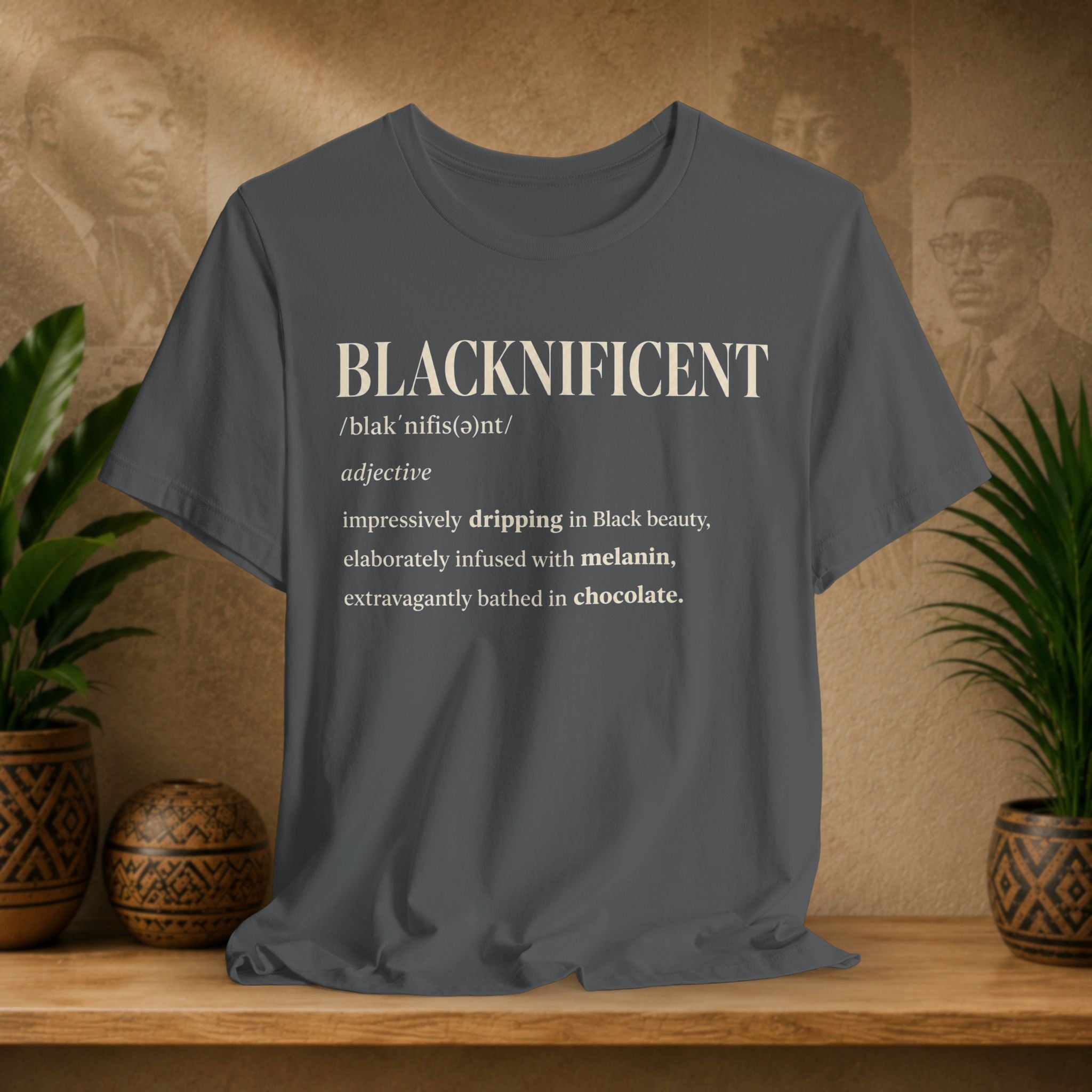 A dark gray graphic t-shirt displayed on a wooden shelf, flanked by potted green plants and decorative ceramic pots against a textured beige background with sepia portraits.