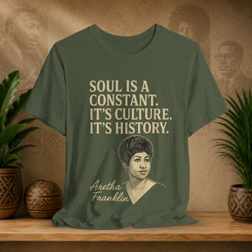 Green t-shirt with Aretha Franklin quote on a wooden surface with plants and wall art in the background
