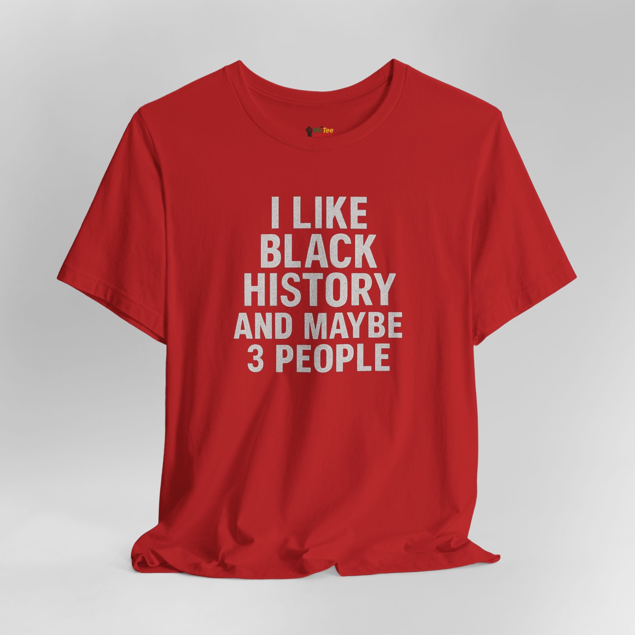 Red t-shirt with white text on a gray background