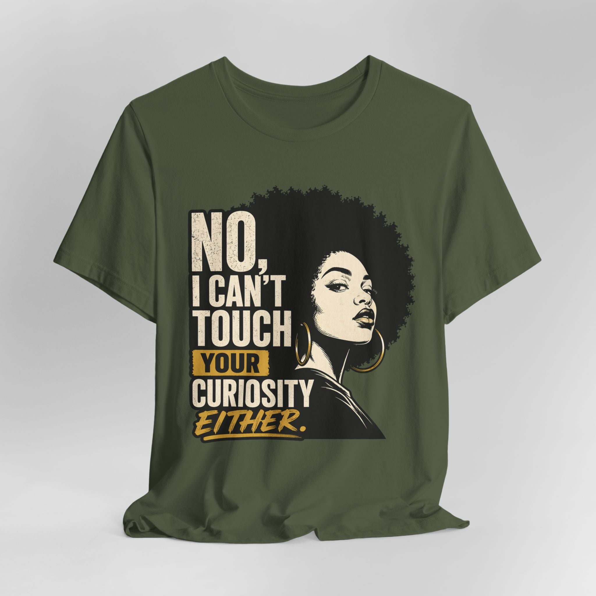 Dark Green t-shirt with a graphic of a woman with an afro and text on a gray background