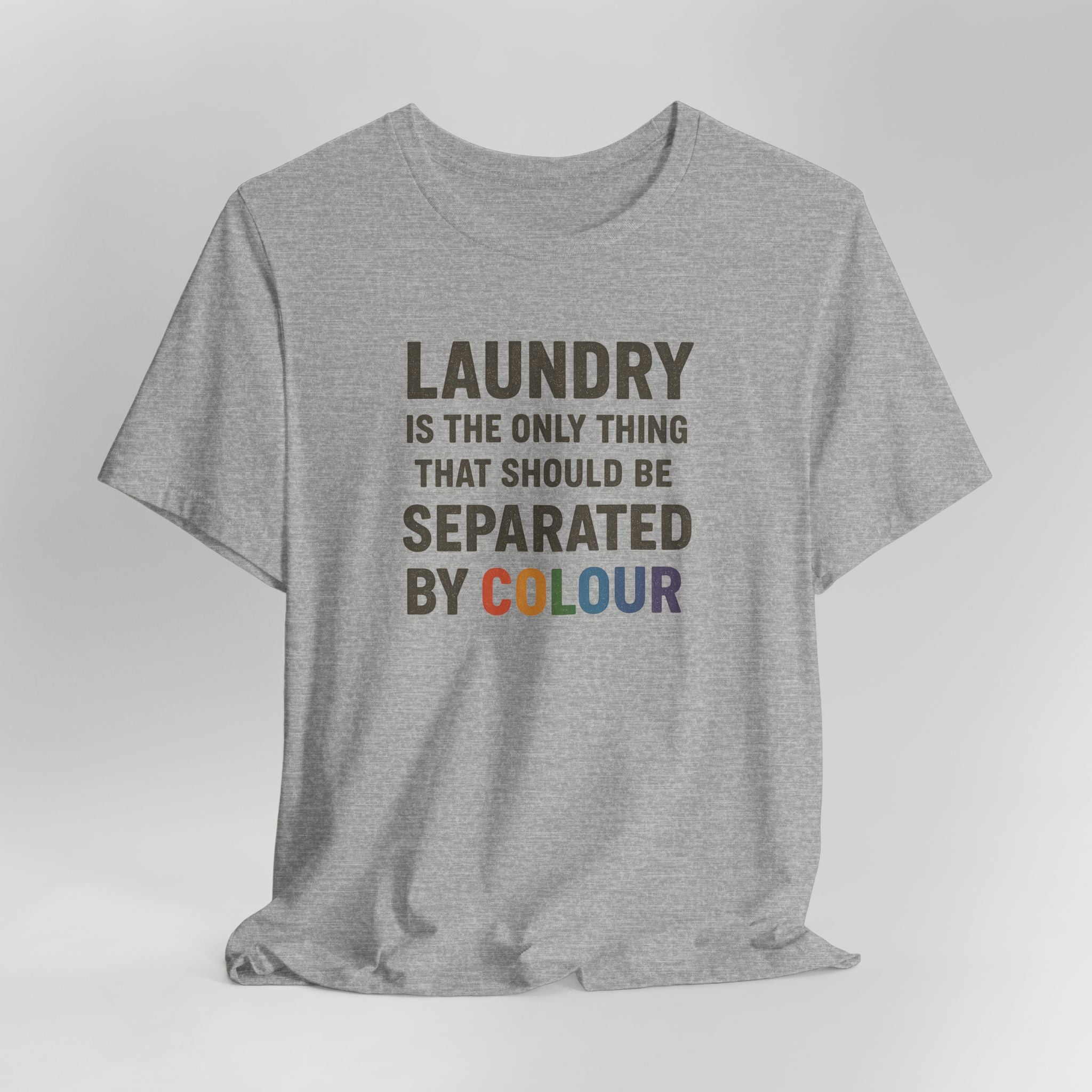 Grey t-shirt with humorous text design on a gray background