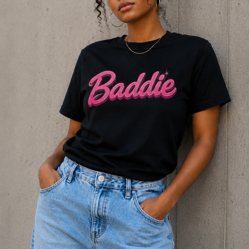 A woman wearing a black t-shirt with 'Baddie' written in pink cursive across the chest, paired with light blue jeans, standing against a concrete wall.