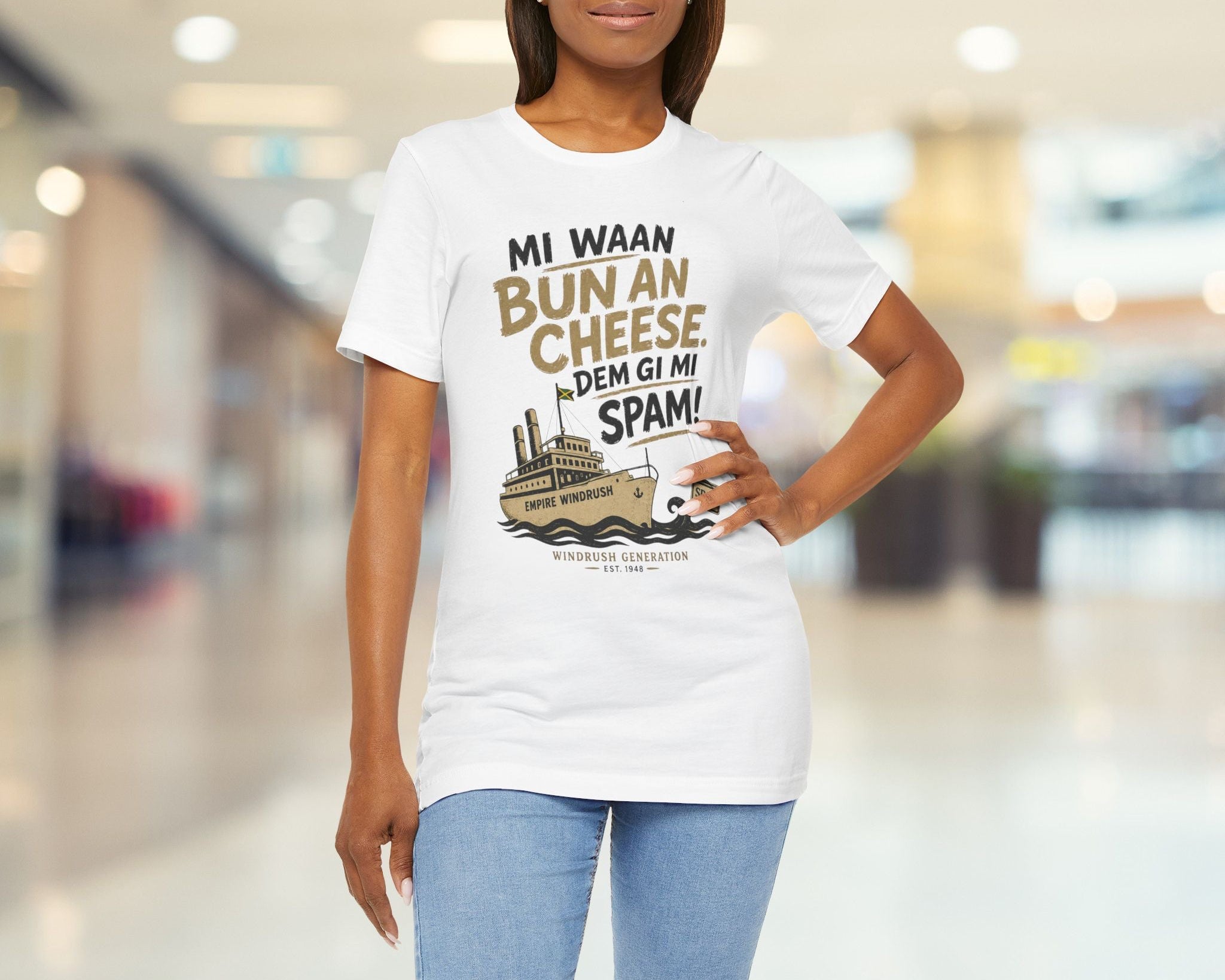 Woman wearing a white t-shirt with a humorous graphic and text in a mall setting
