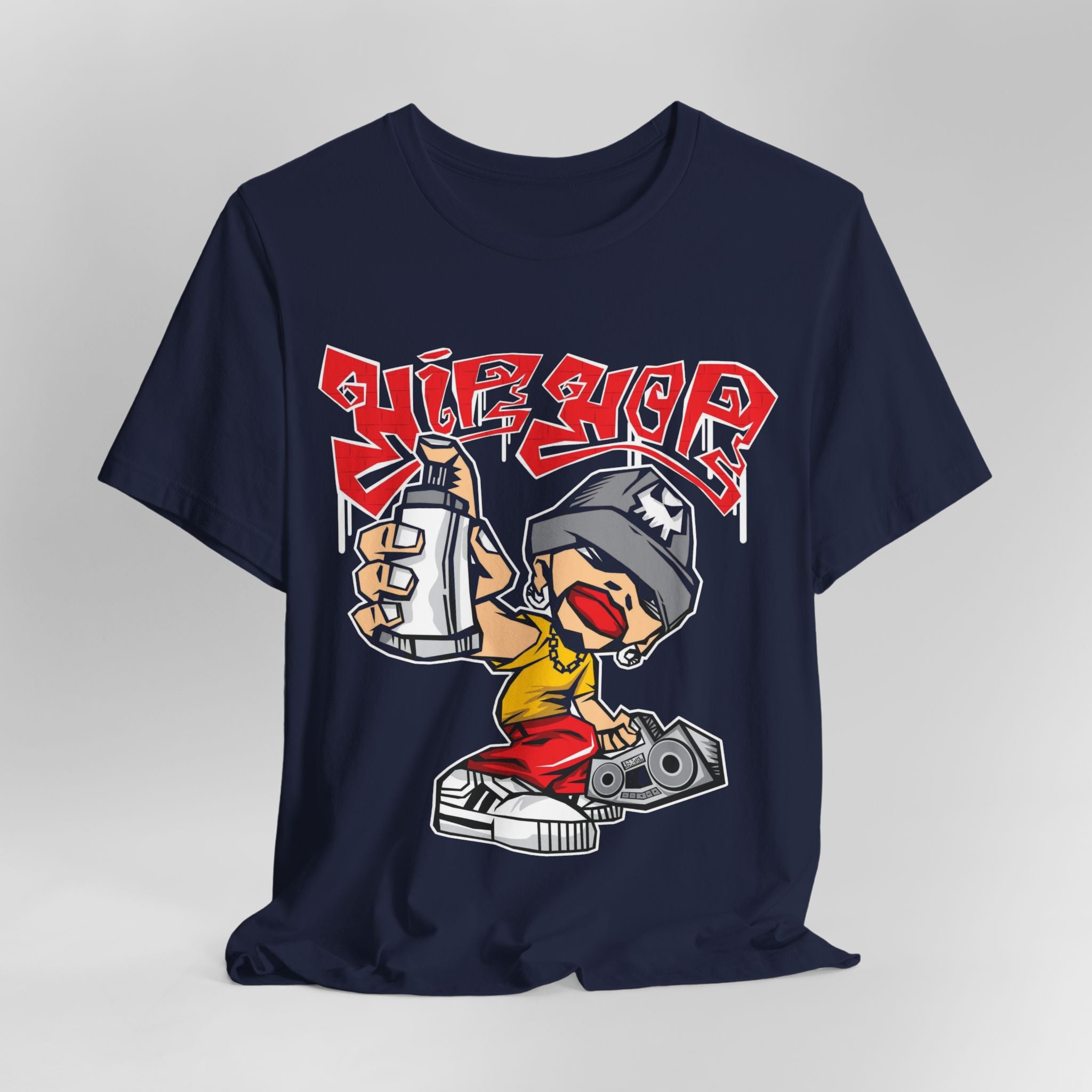 Navy blue t-shirt with a graphic design of a person holding a bottle and the word 'Hip Hop' on a gray background