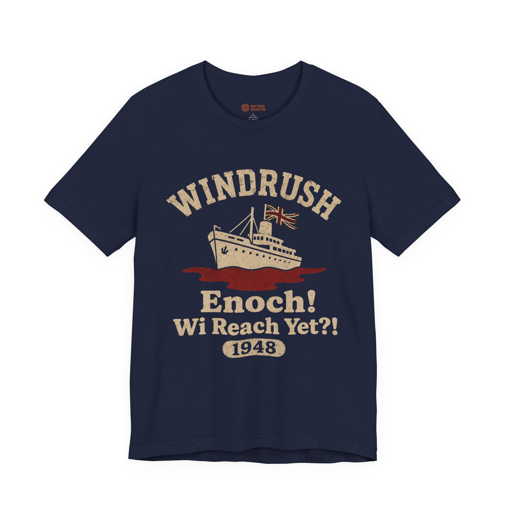 Navy blue t-shirt with 'Windrush' graphic and text on a white background