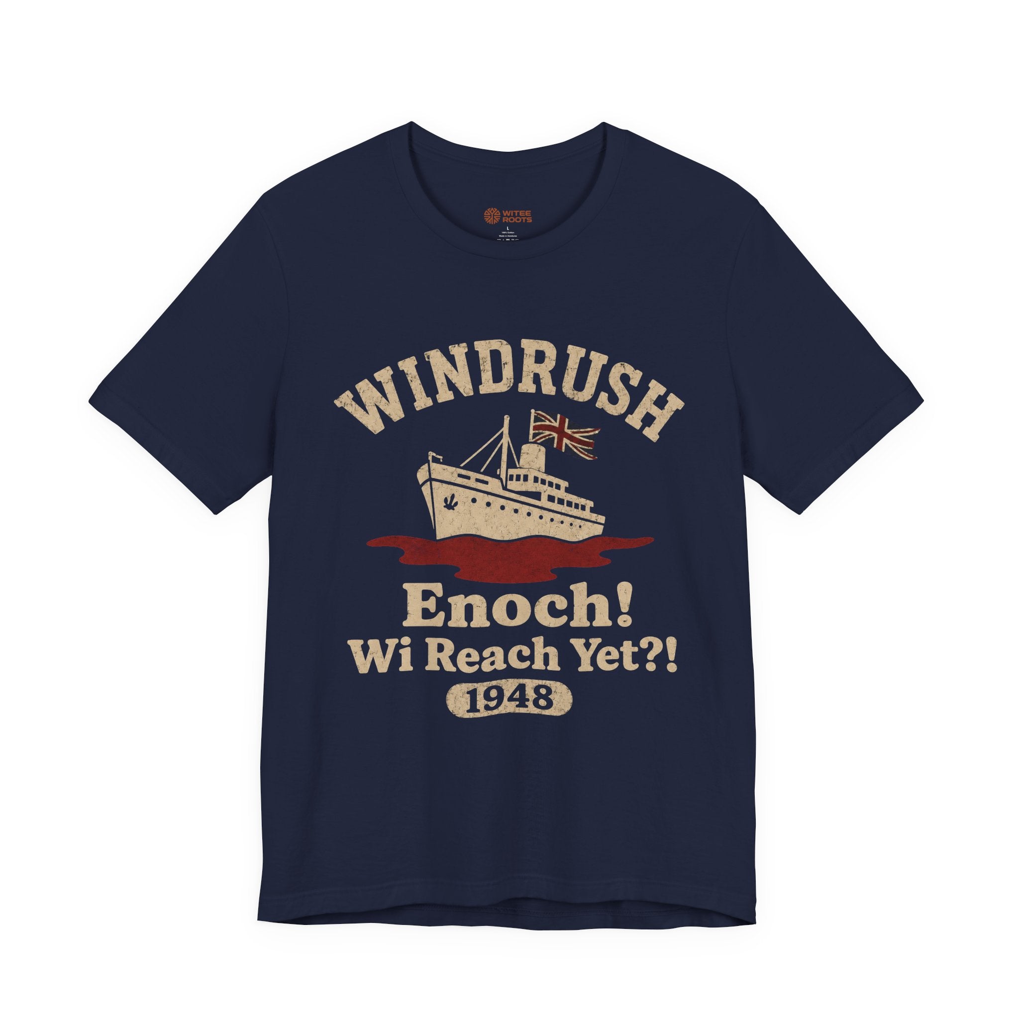 Navy blue t-shirt with 'Windrush' graphic and text on a white background