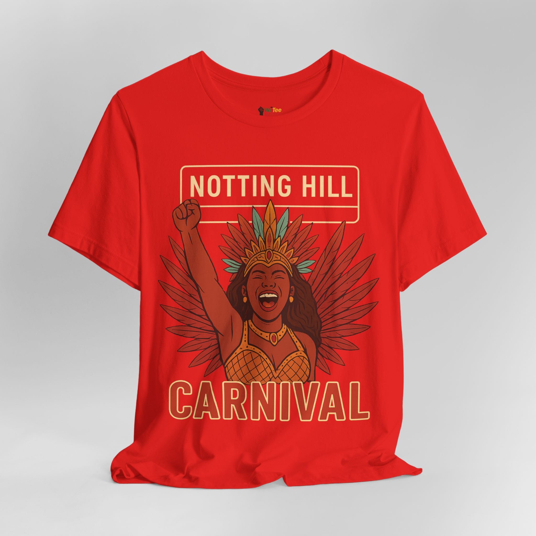 Red t-shirt with 'Notting Hill Carnival' design featuring a woman with a raised fist and feathers on a gray background.