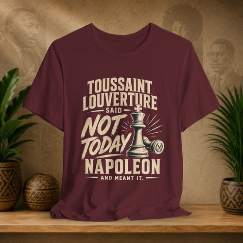 Maroon t-shirt with historical quote design on a wooden surface with plants and portraits in the background