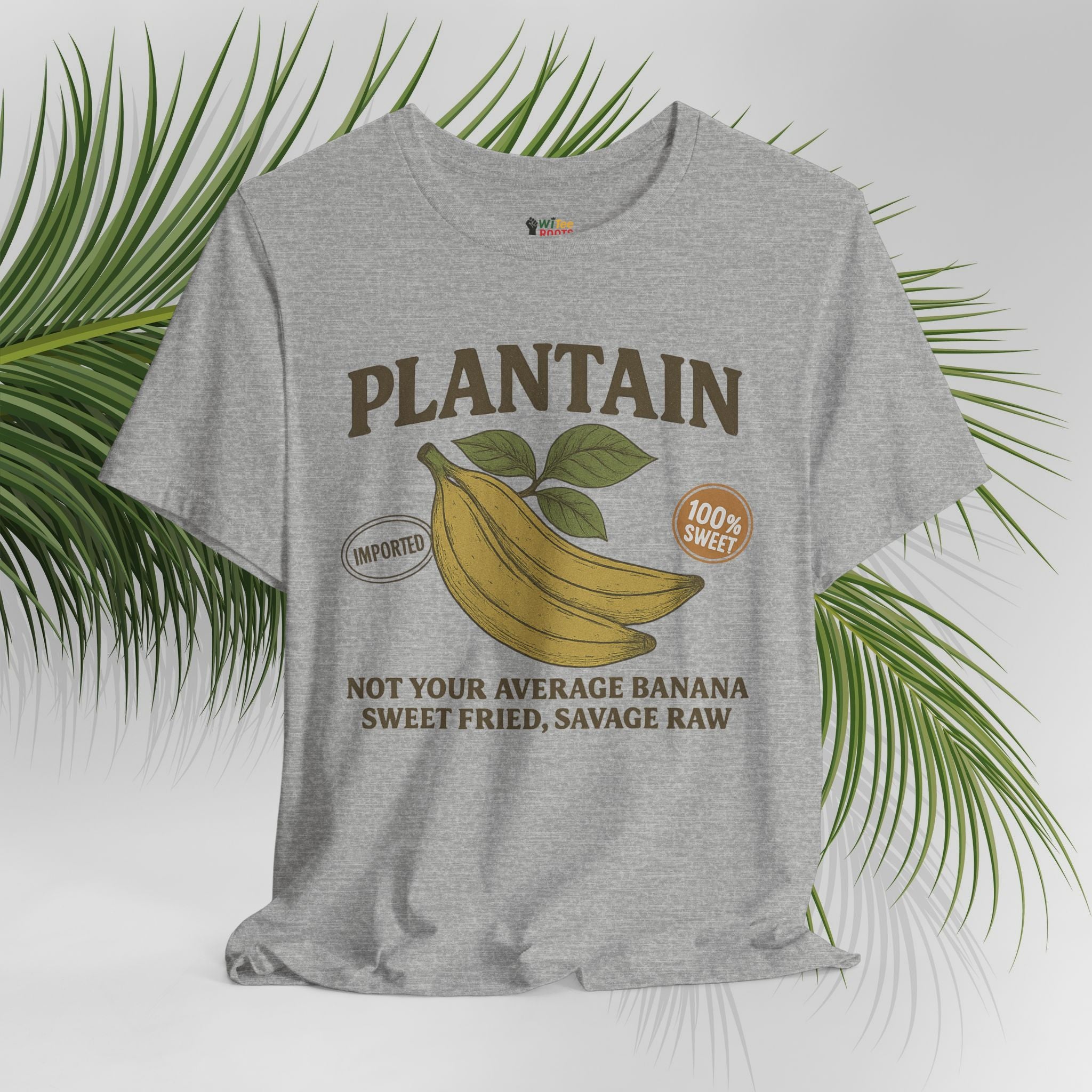 Gray t-shirt with plantain graphic and text on a white background with green leaves.