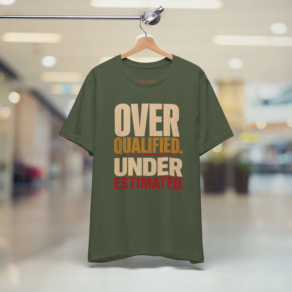 Green t-shirt with text on a hanger in a store setting