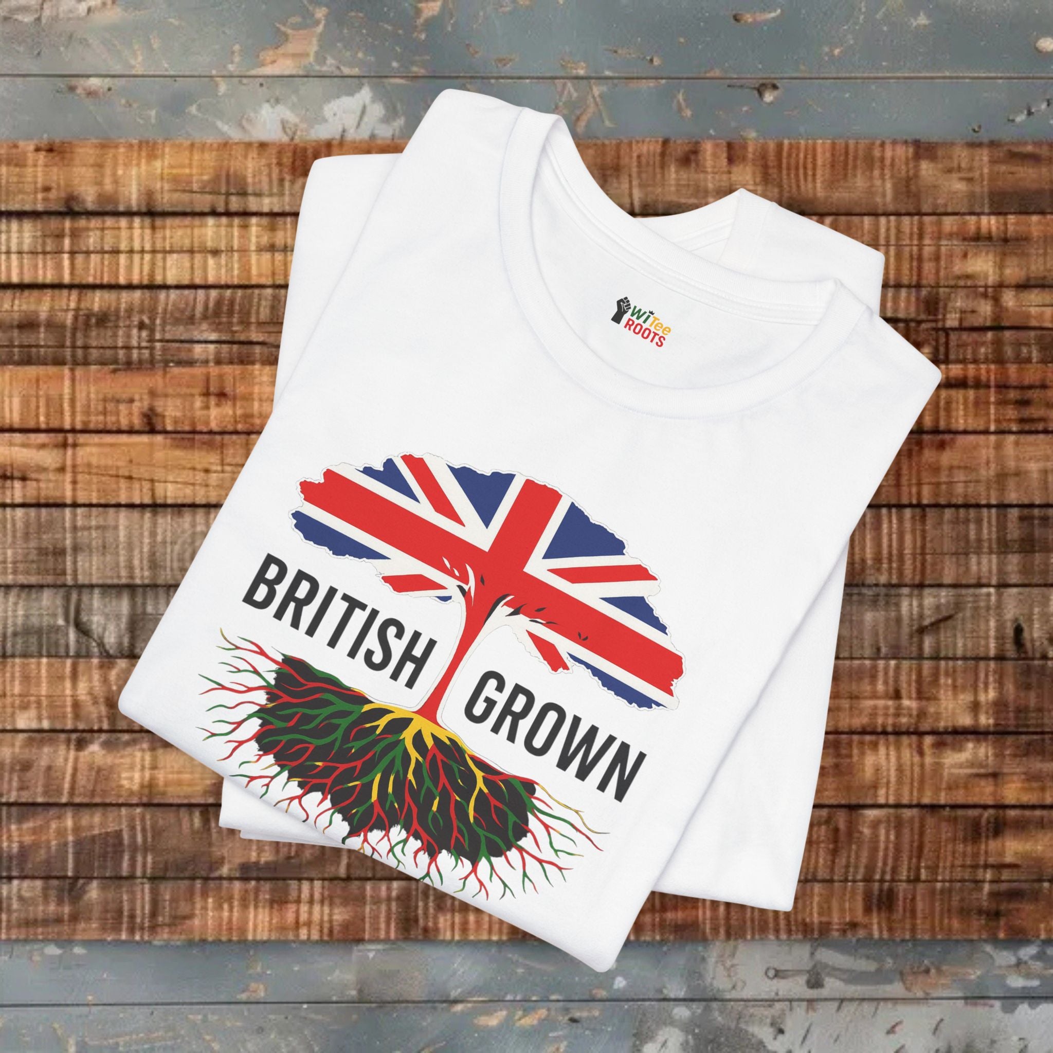 White t-shirt with British flag and 'British Grown' text on a wooden surface