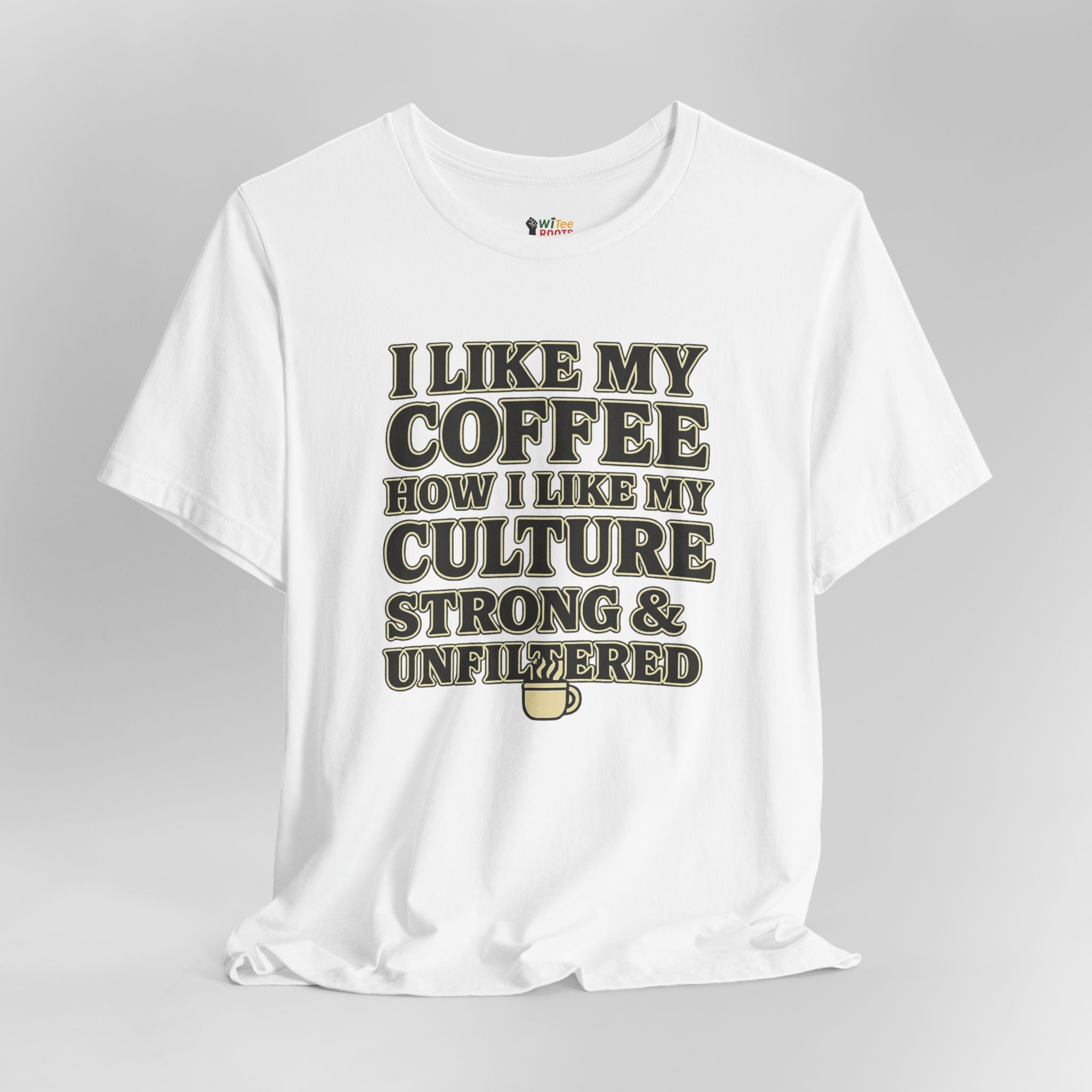 White t-shirt with text design on a gray background