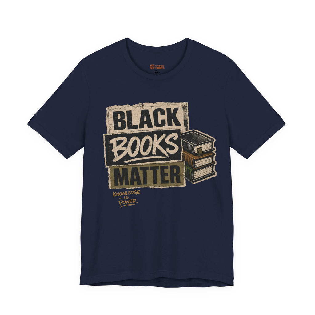 Navy blue t-shirt with 'Black Books Matter' graphic on a white background