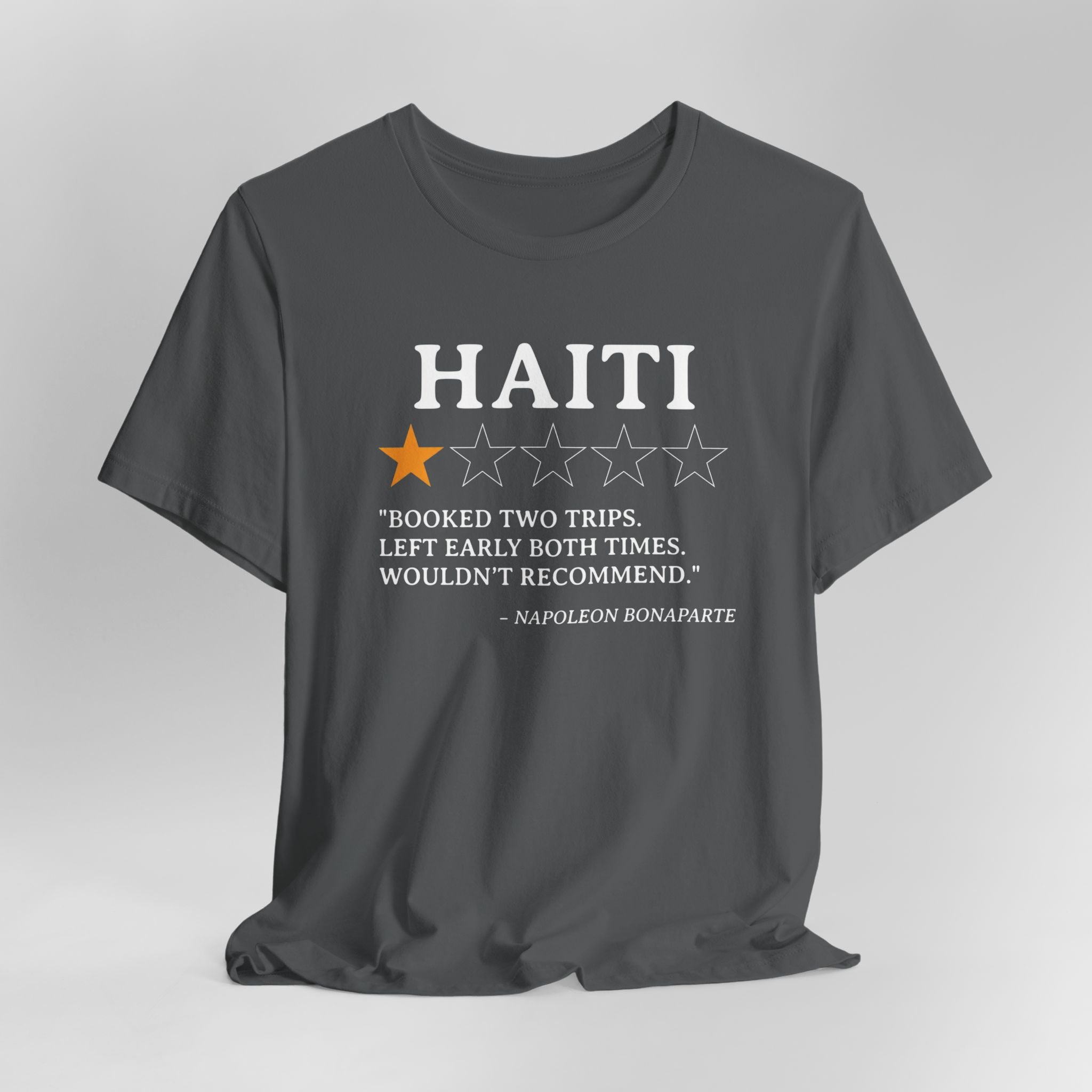 Gray t-shirt with Haiti-themed text and stars on a gray background
