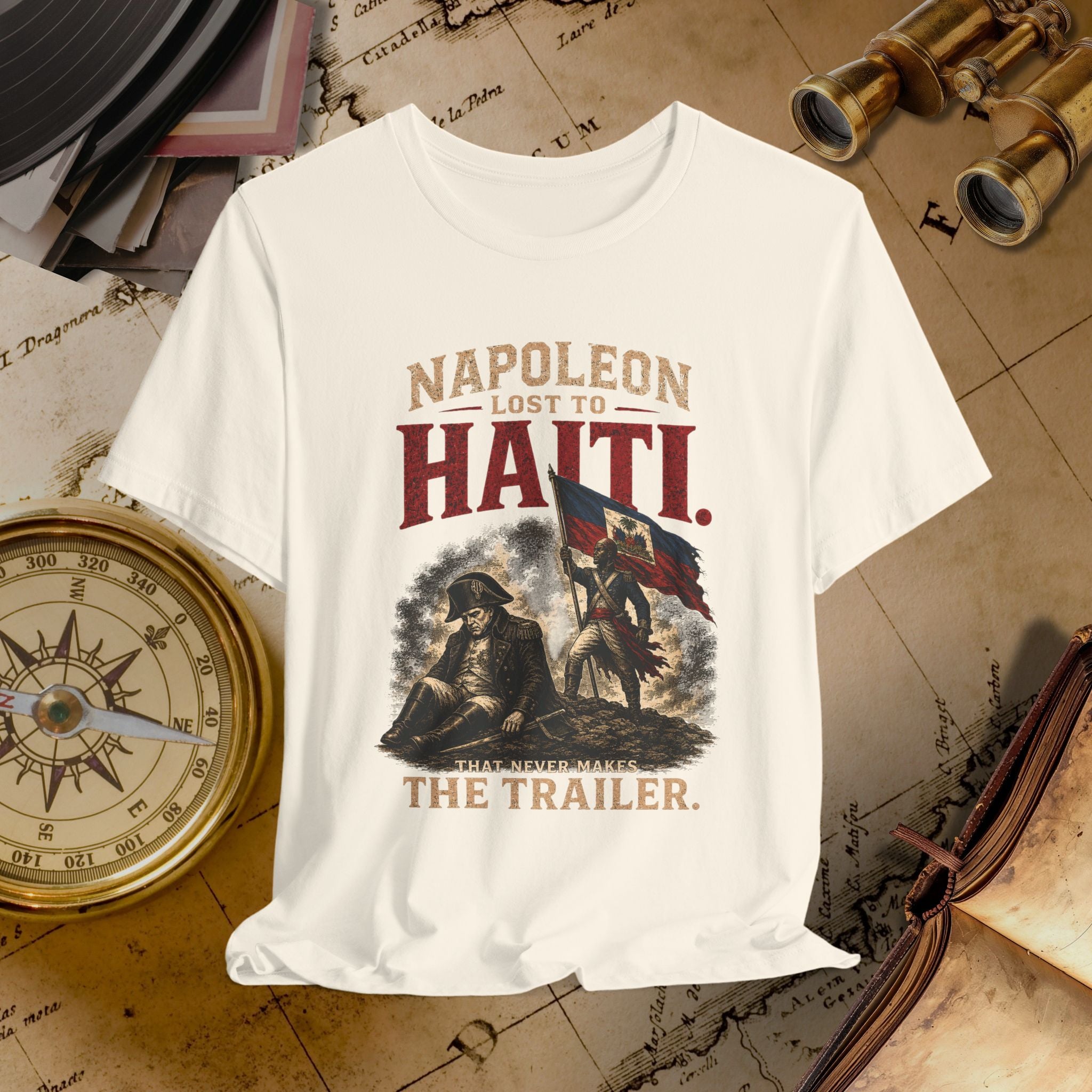 White t-shirt with Napoleon graphic and text on a vintage map background
