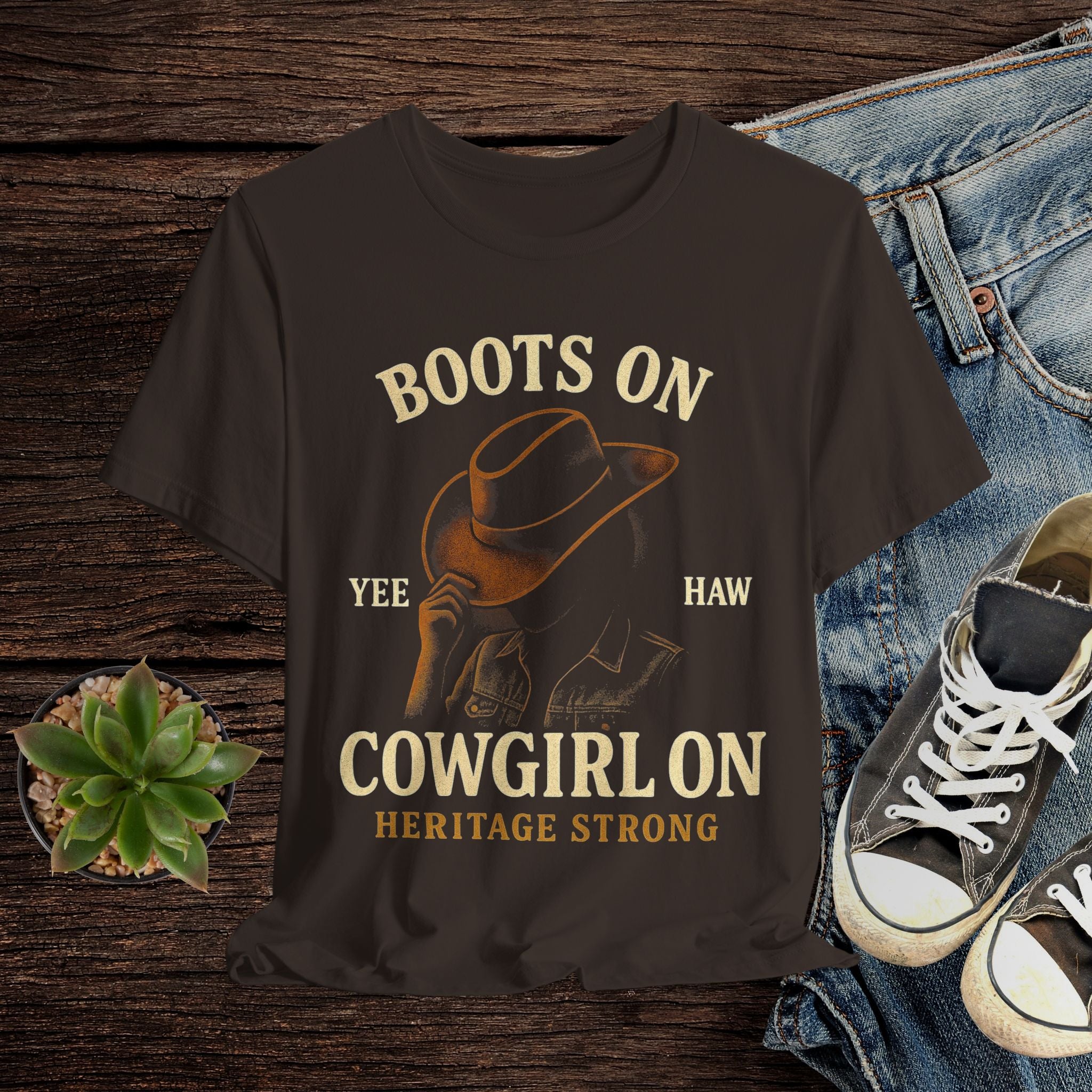 Brown t-shirt with cowboy graphic and text on a wooden surface with jeans and sneakers.