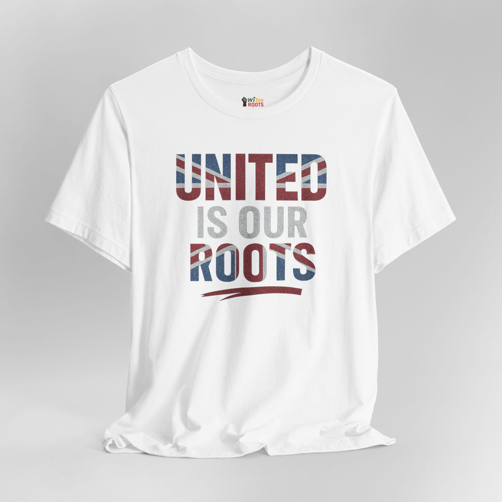 White t-shirt with 'UNITED IS OUR ROOTS' text on a gray background