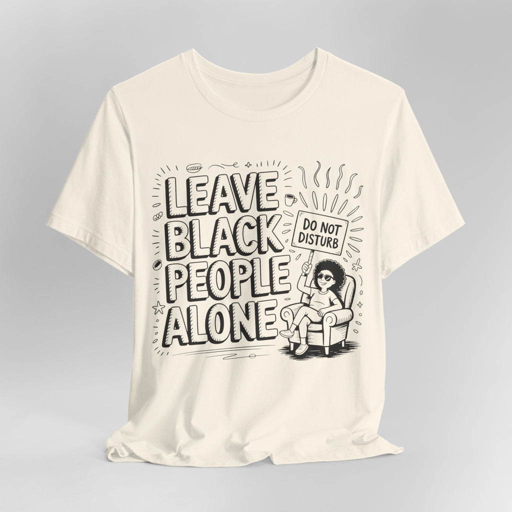 White t-shirt with graphic design and text on a gray background