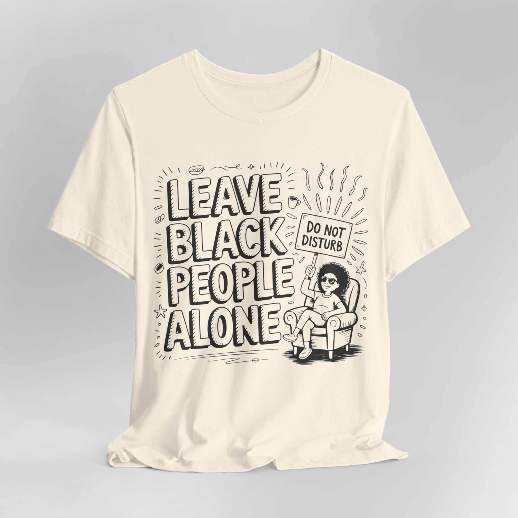 White t-shirt with graphic design and text on a gray background