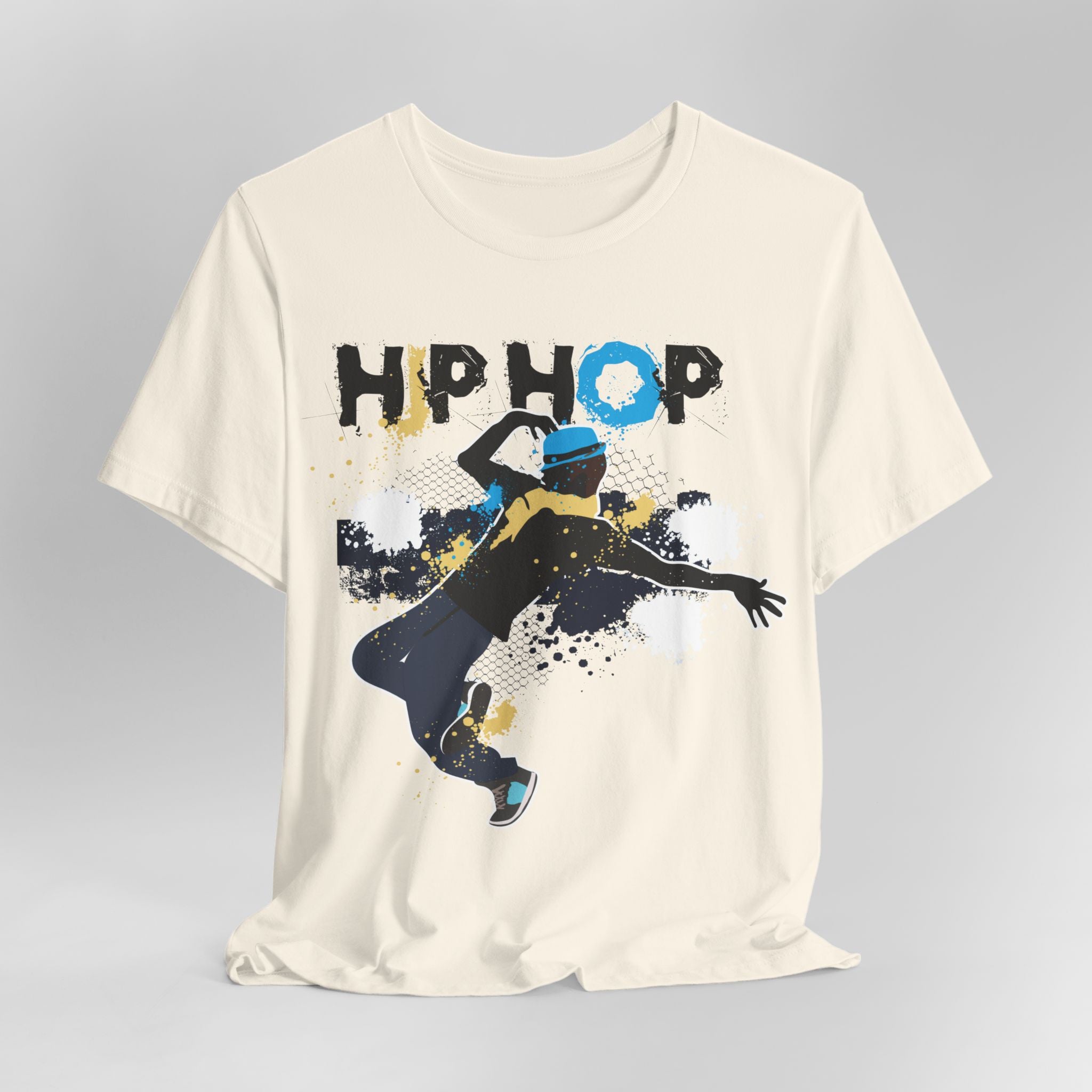 White t-shirt with 'HIP HOP' and dancer graphic on a gray background