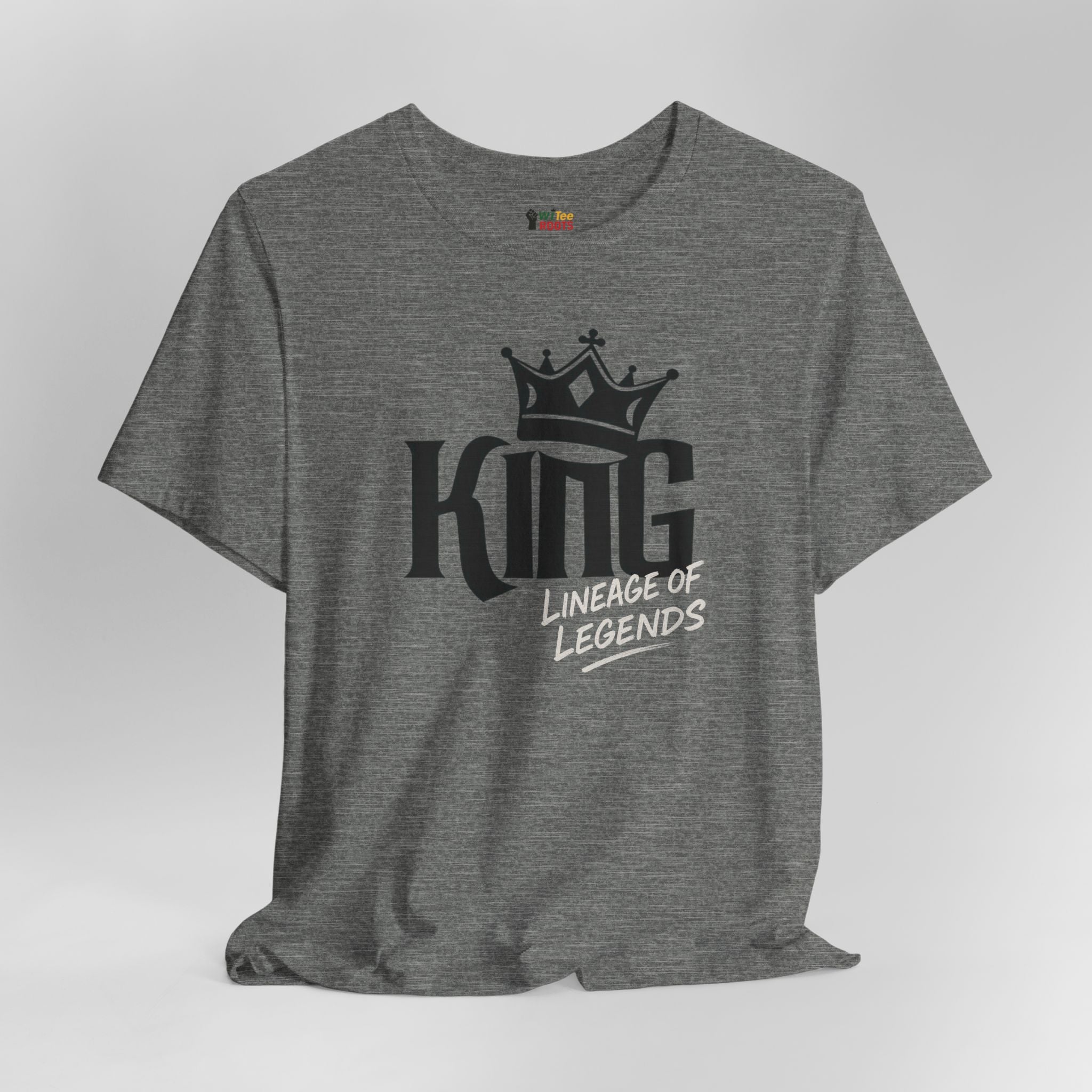 Gray t-shirt with 'King Lineage of Legends' text and crown graphic on a white background