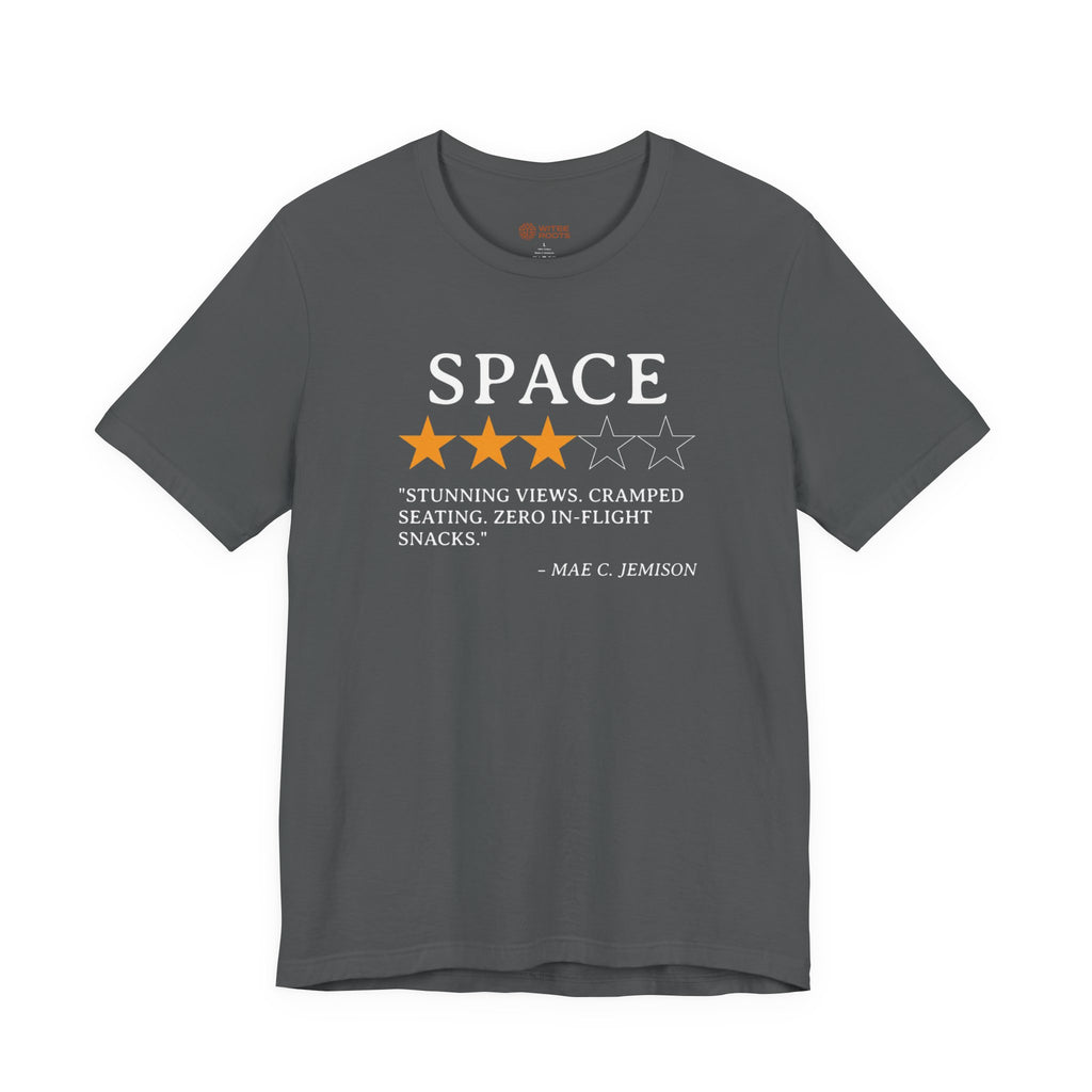 Gray t-shirt with space-themed graphic and text on a white background