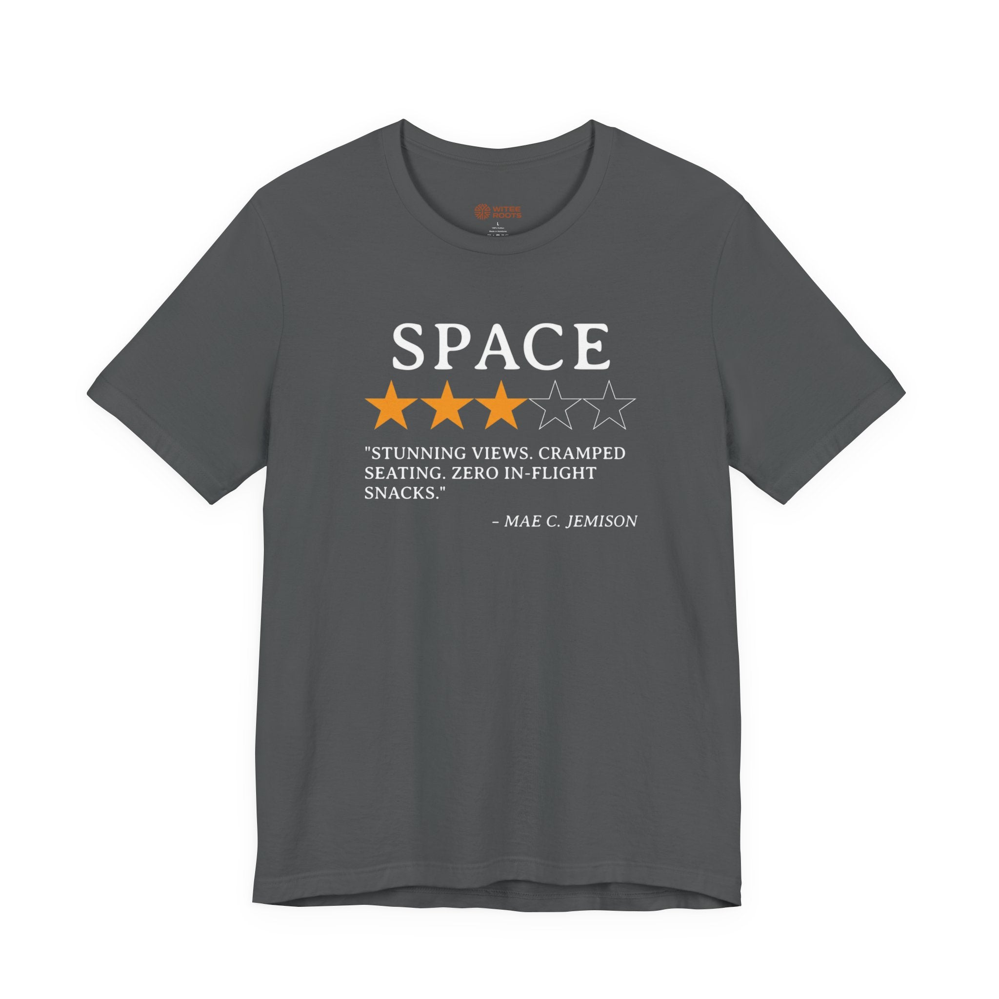 Gray t-shirt with space-themed graphic and text on a white background