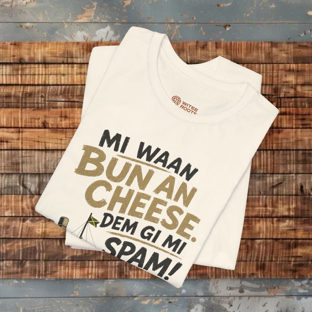 Beige t-shirt with humorous text design on a wooden surface